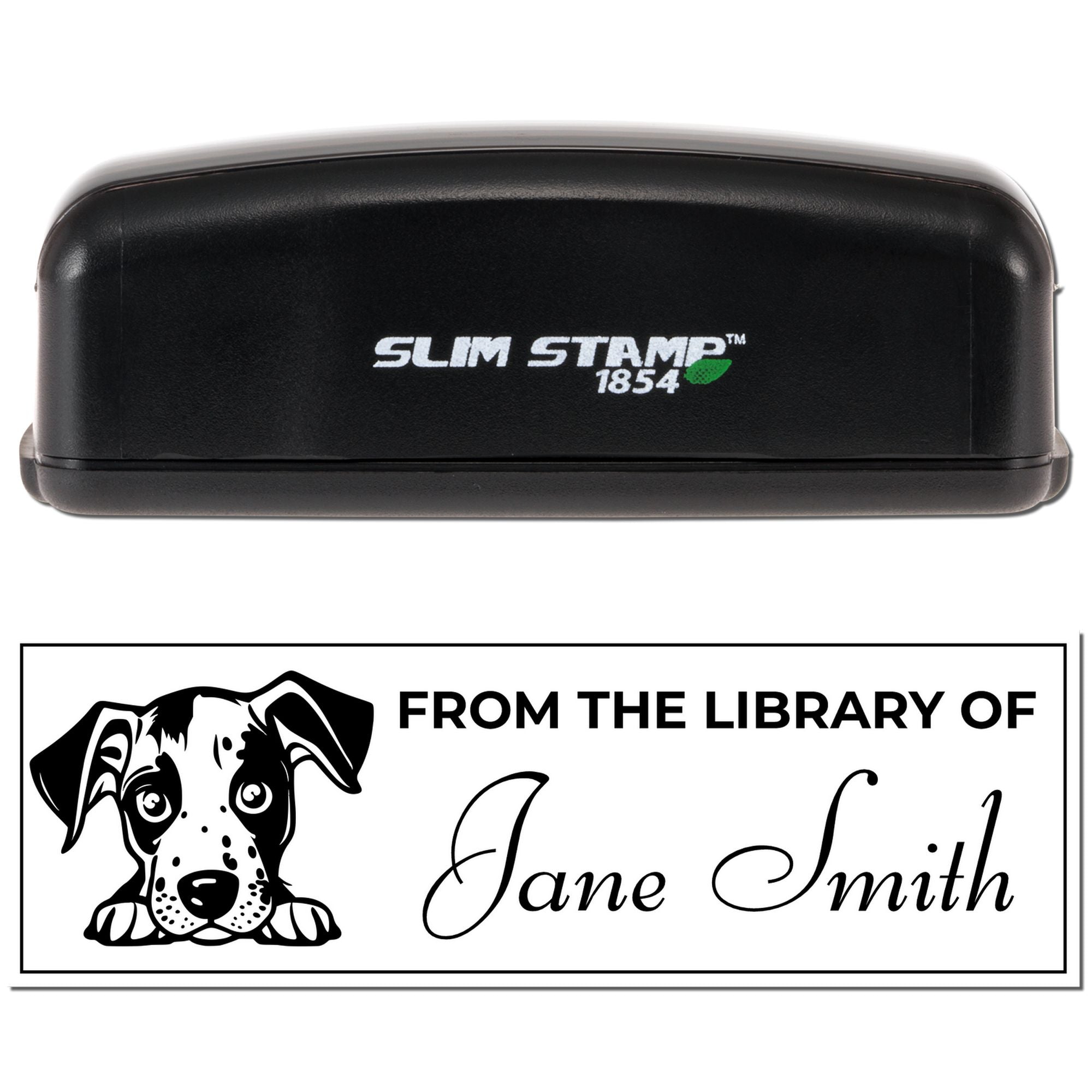 Slim Stamp 1854 custom self-inking rubber stamp with personalized dog bookplate reading From the Library of Jane Smith.
