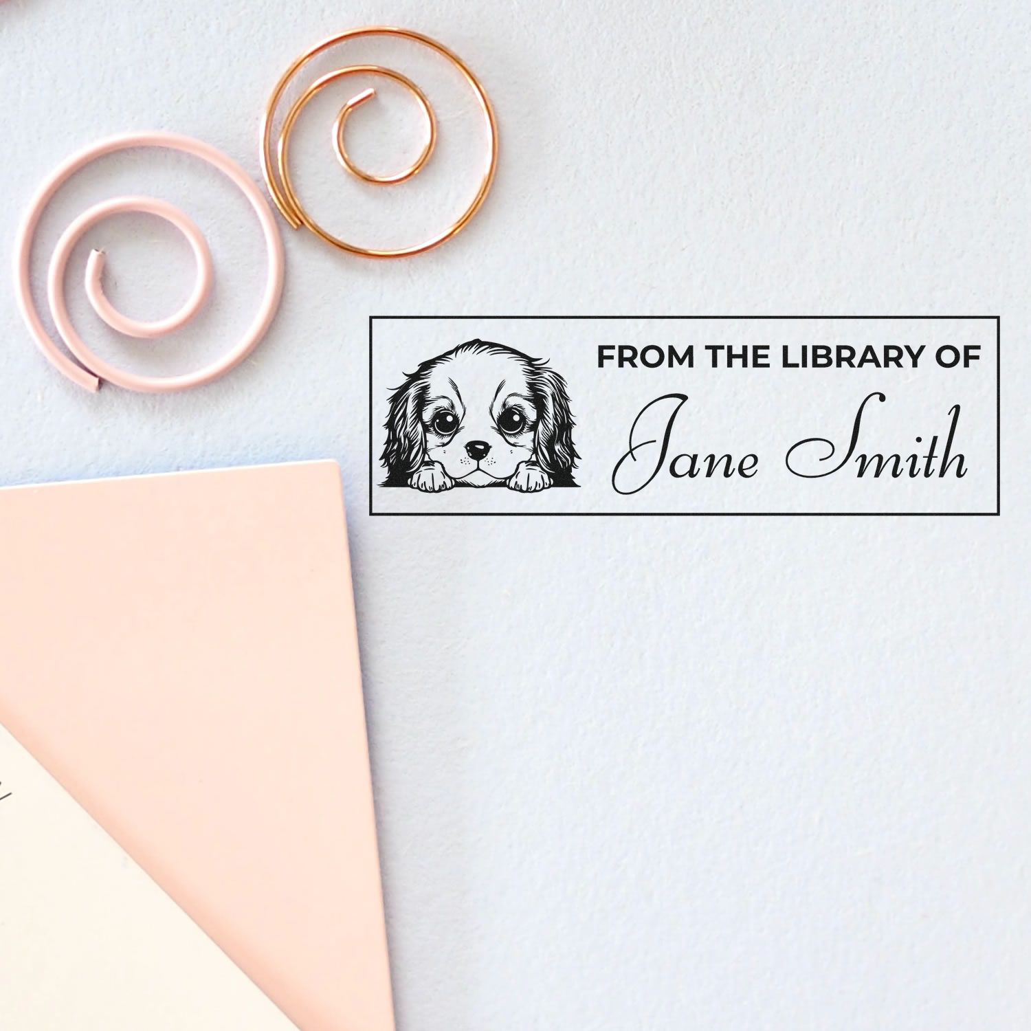 Custom ex libris rubber stamp with puppy illustration and Jane Smith name for personalized bookplates.