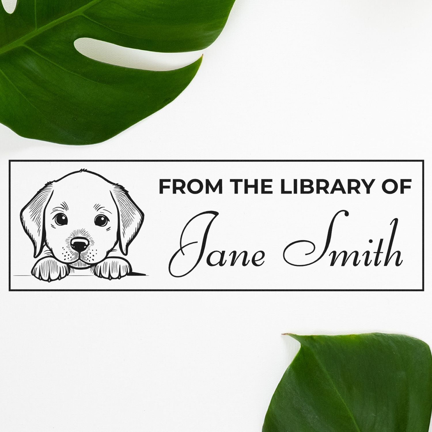 Personalized library book rubber stamp with puppy illustration and From the Library of Jane Smith text
