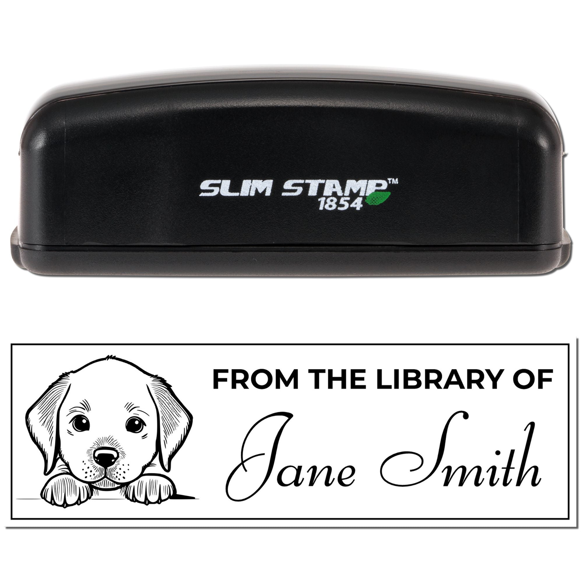 Personalized self-inking rubber stamp with dog illustration and From the Library of Jane Smith bookplate design.