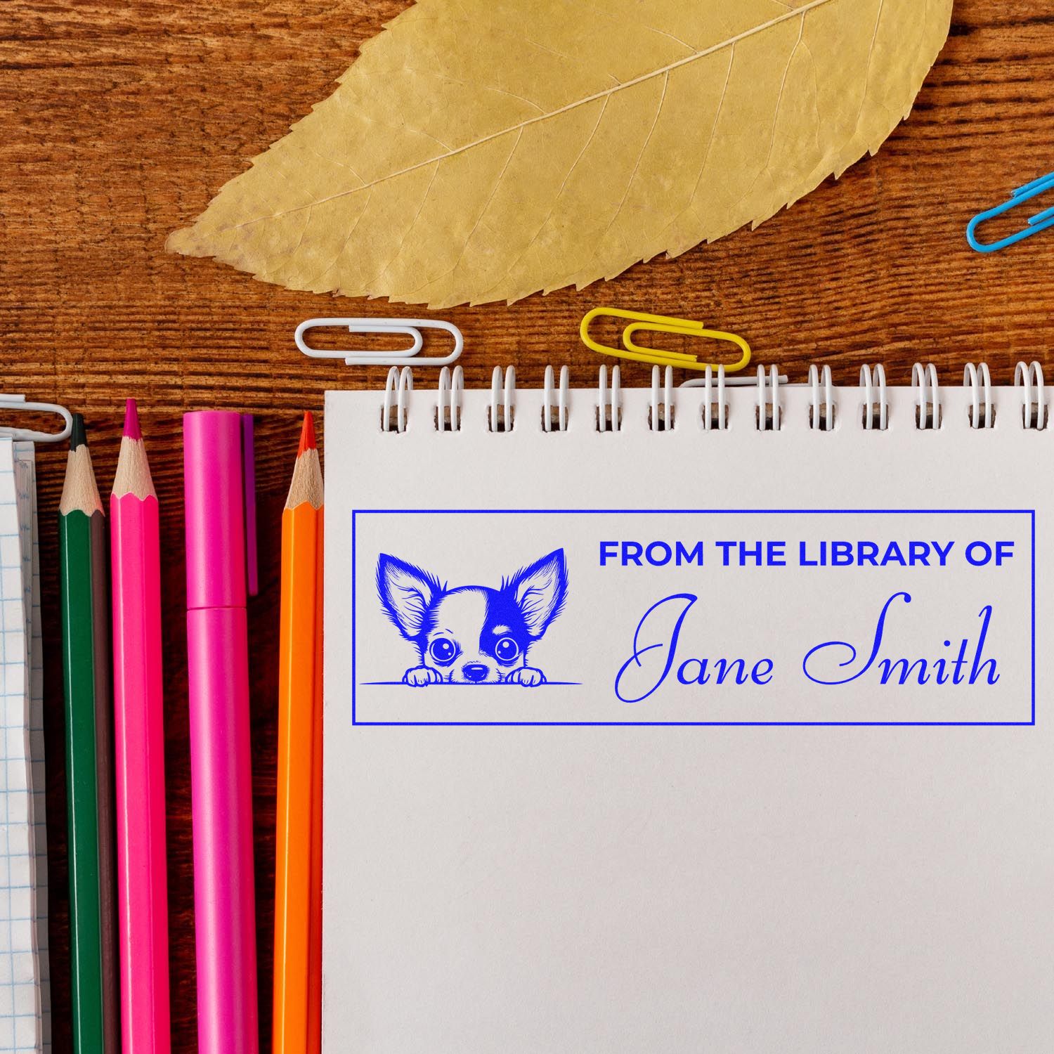 Custom rubber stamp bookplate reading From the Library of Jane Smith with dog design on notebook.