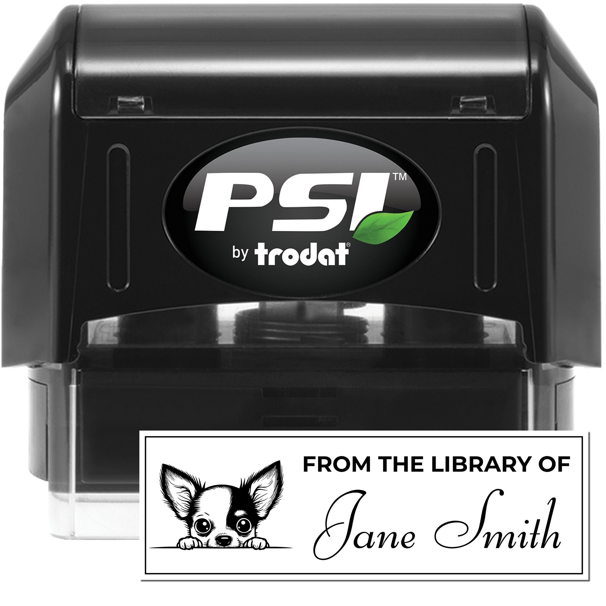 PSI by Trodat self-inking custom library rubber stamp with From the Library of Jane Smith bookplate design.