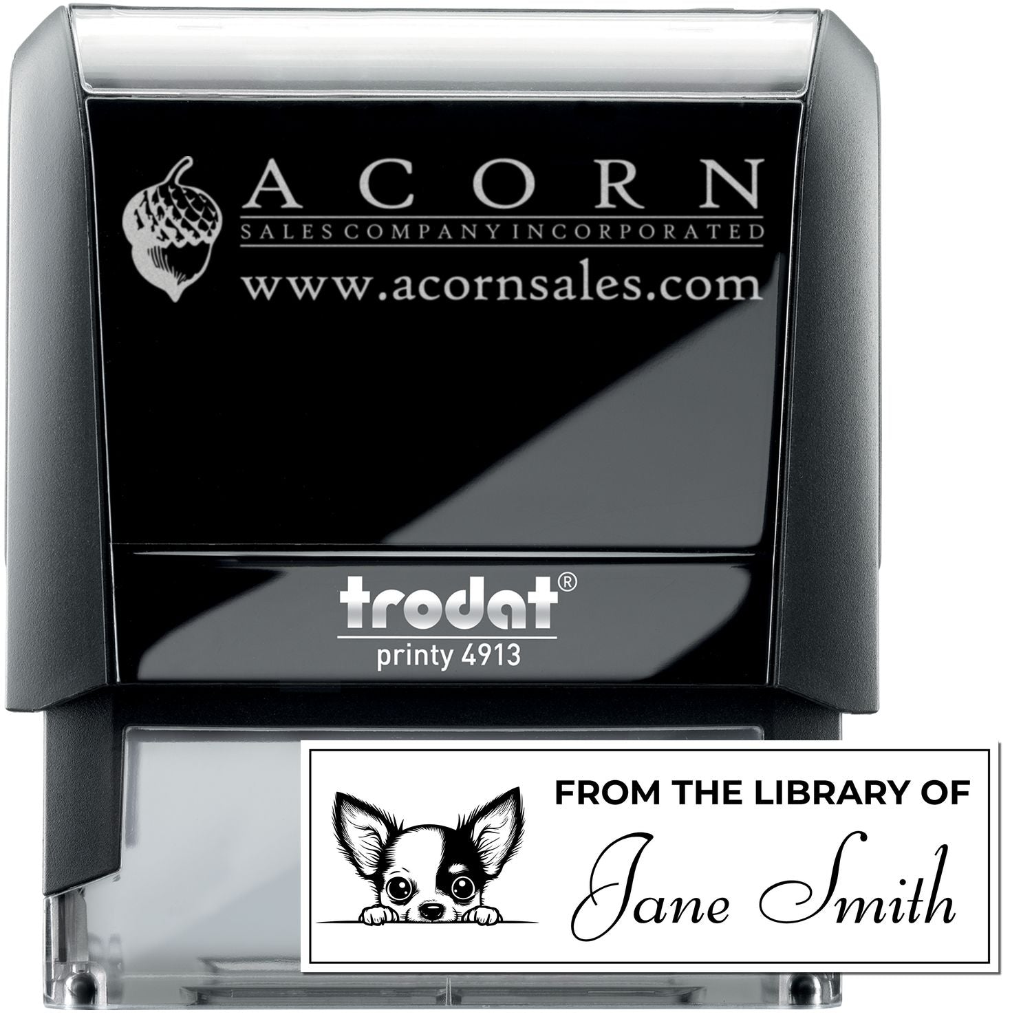 Custom self-inking rubber stamp (Trodat Printy 4913) with logo and personalized From the Library of Jane Smith imprint.