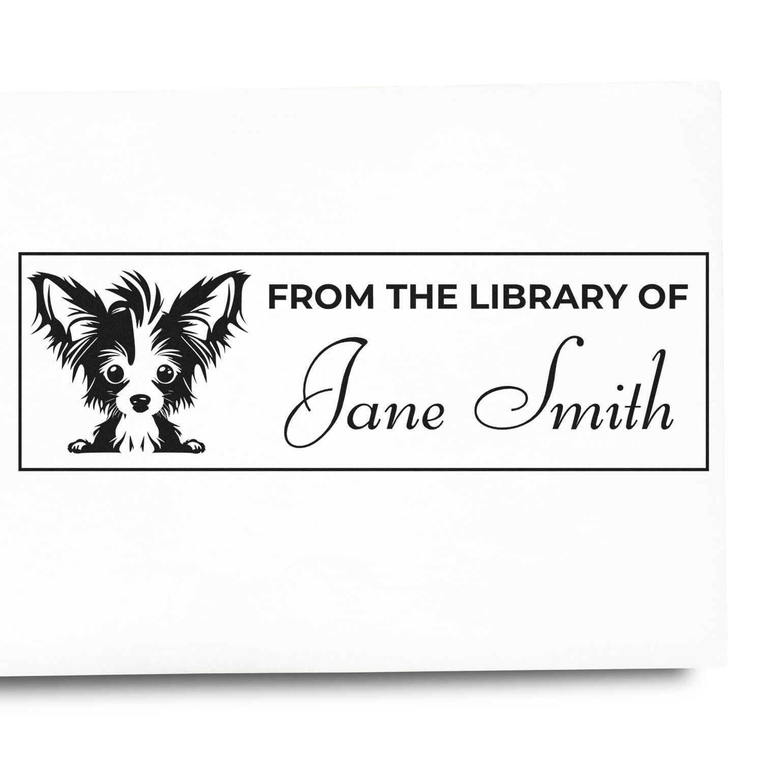 Custom rubber book stamp with Chihuahua design and From the Library of Jane Smith personalized ex libris text