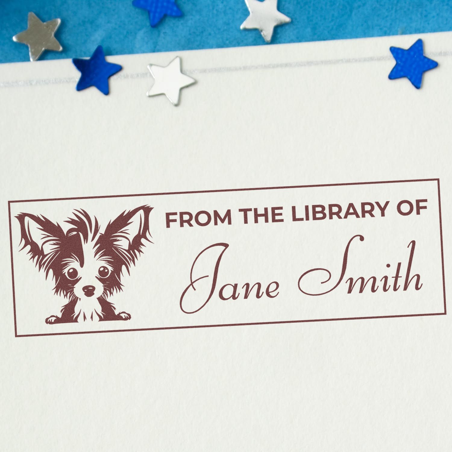 Personalized dog-themed library rubber stamp with From the Library of Jane Smith for custom bookplate labeling