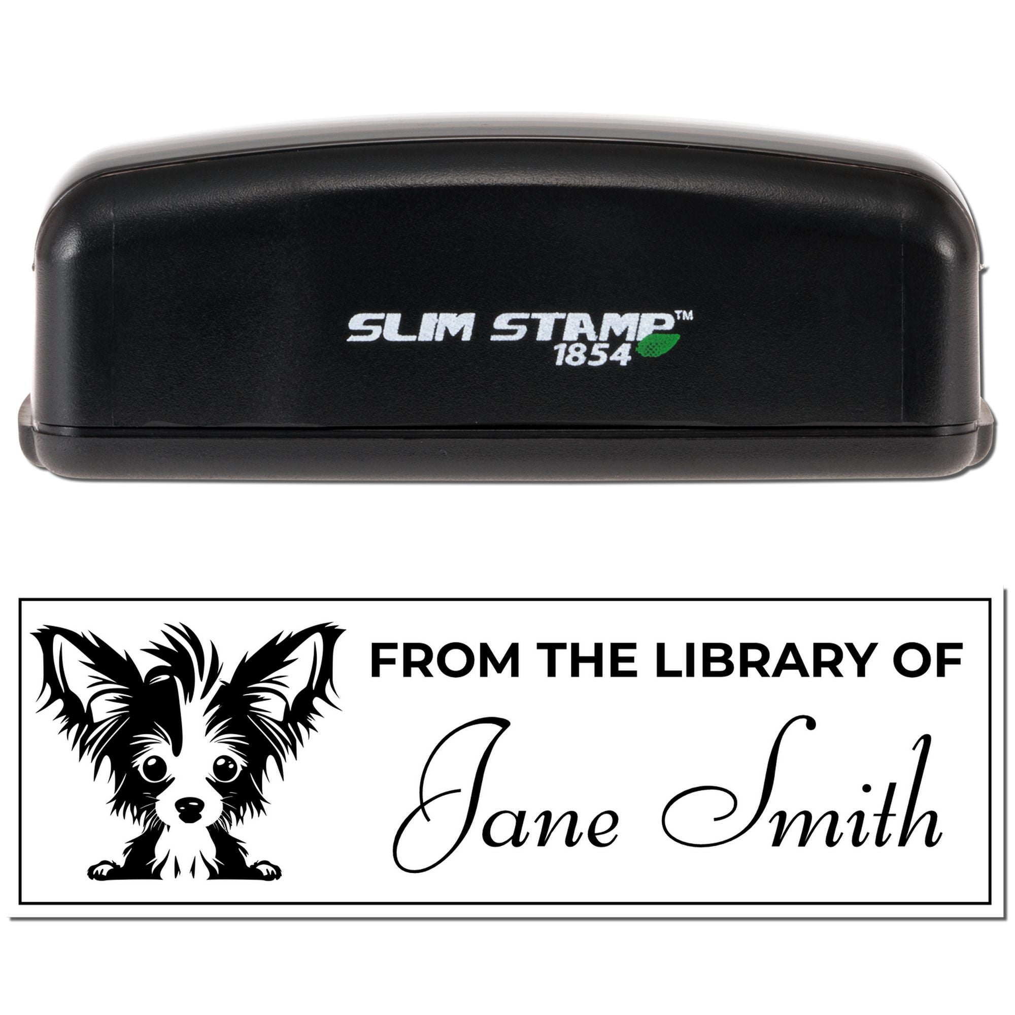 Custom self-inking rubber stamp for library books, featuring a dog design and personalized From the Library of Jane Smith text.