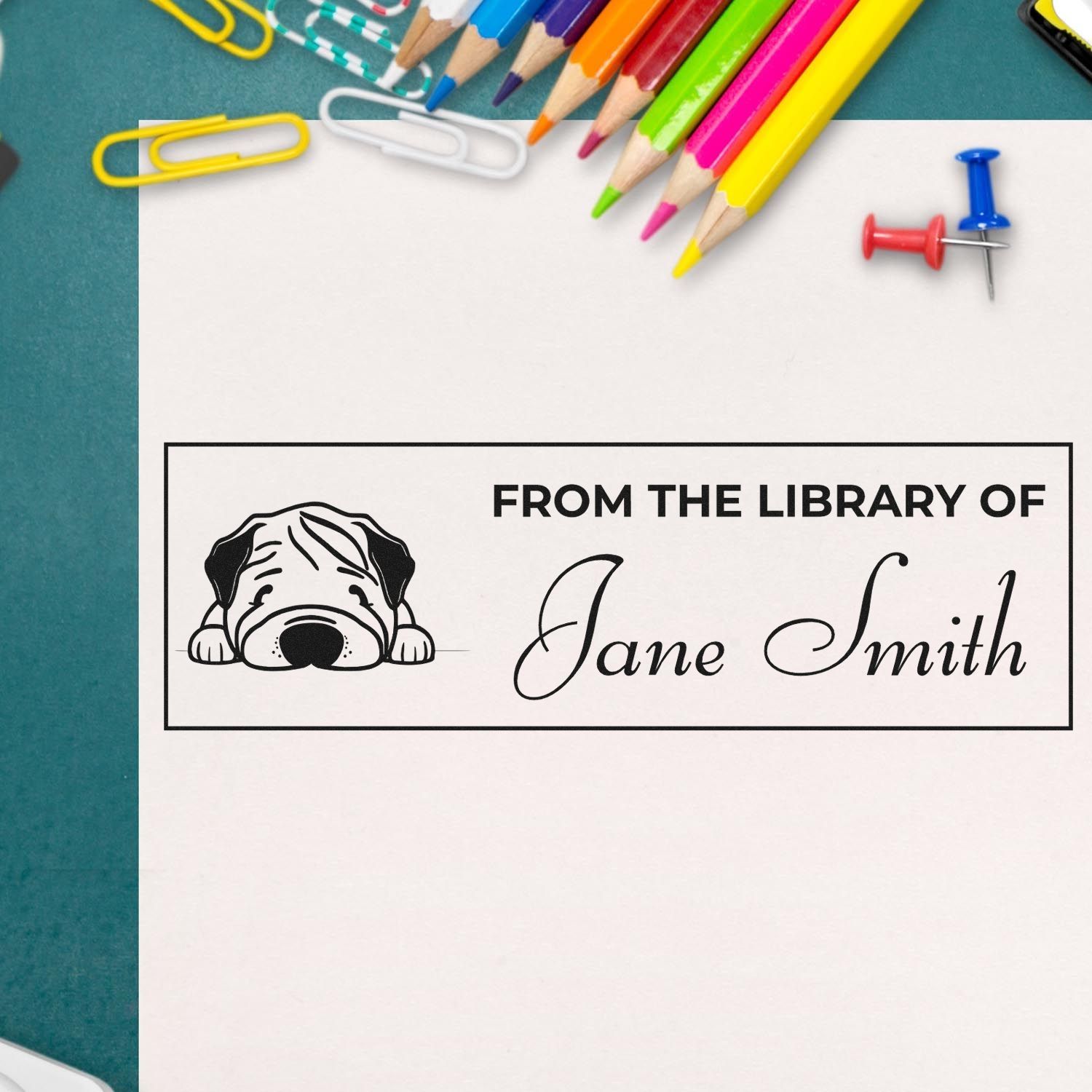 Custom library bookplate rubber stamp with dog design and From the Library of Jane Smith for personalized book labeling.