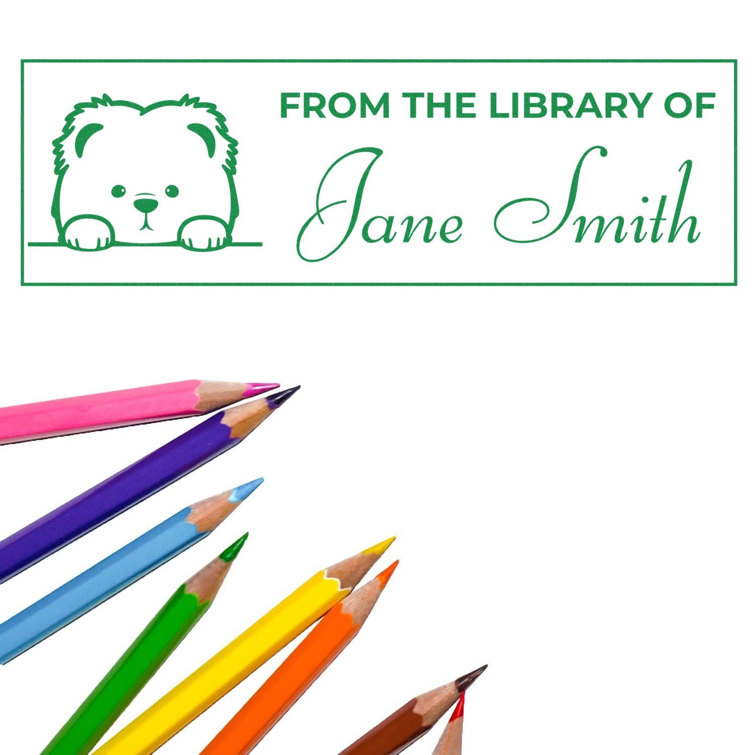 Custom From the Library of Jane Smith rubber stamp with bear design and colorful pencils for personalized book labeling.