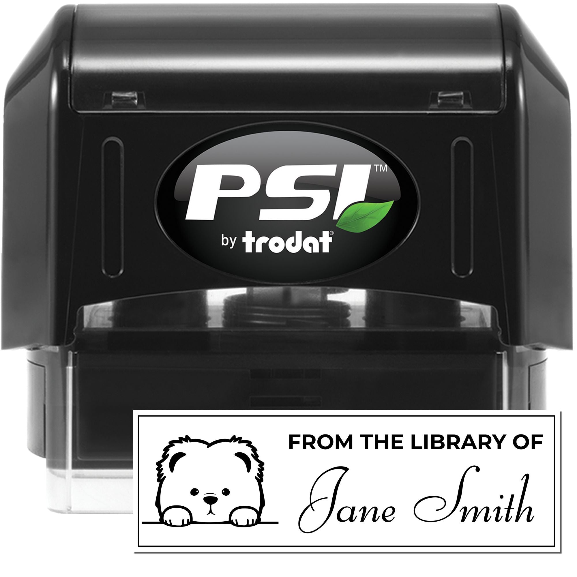 PSI by Trodat self-inking custom rubber stamp with bear design and From the Library of Jane Smith text for books.