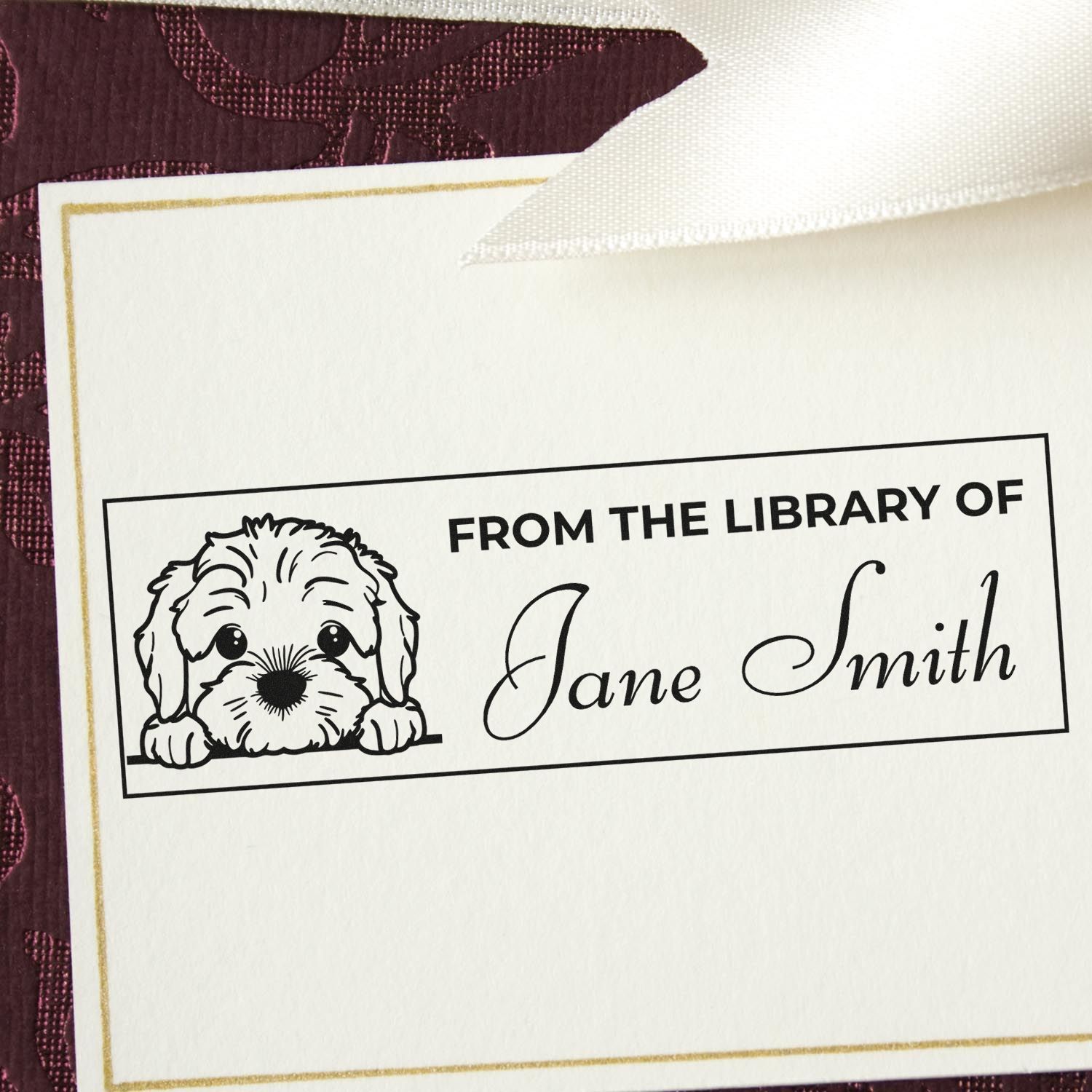 Personalized From the Library Of rubber stamp with puppy illustration and Jane Smith name for books.