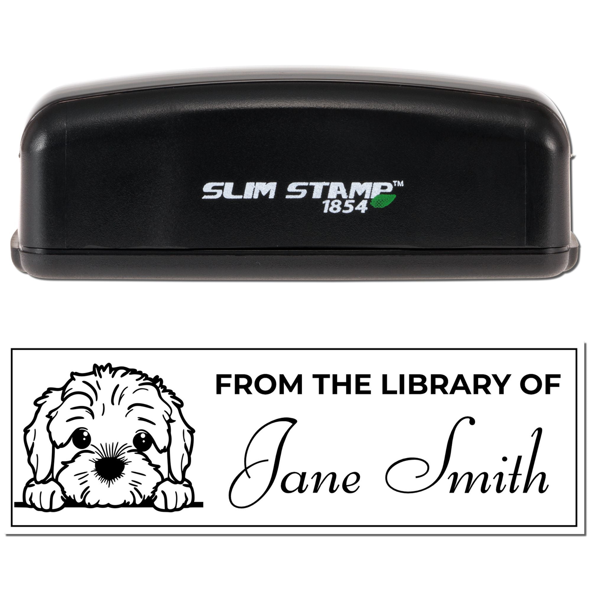 Slim Stamp 1854 self-inking rubber stamp with custom library stamp for books, featuring a dog and From the Library of Jane Smith.