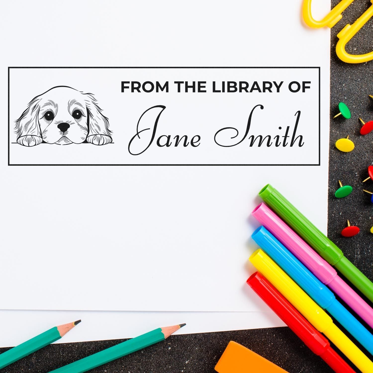 Custom library rubber stamp for Jane Smith with dog illustration, ideal for personalized bookplates and book ownership labeling.
