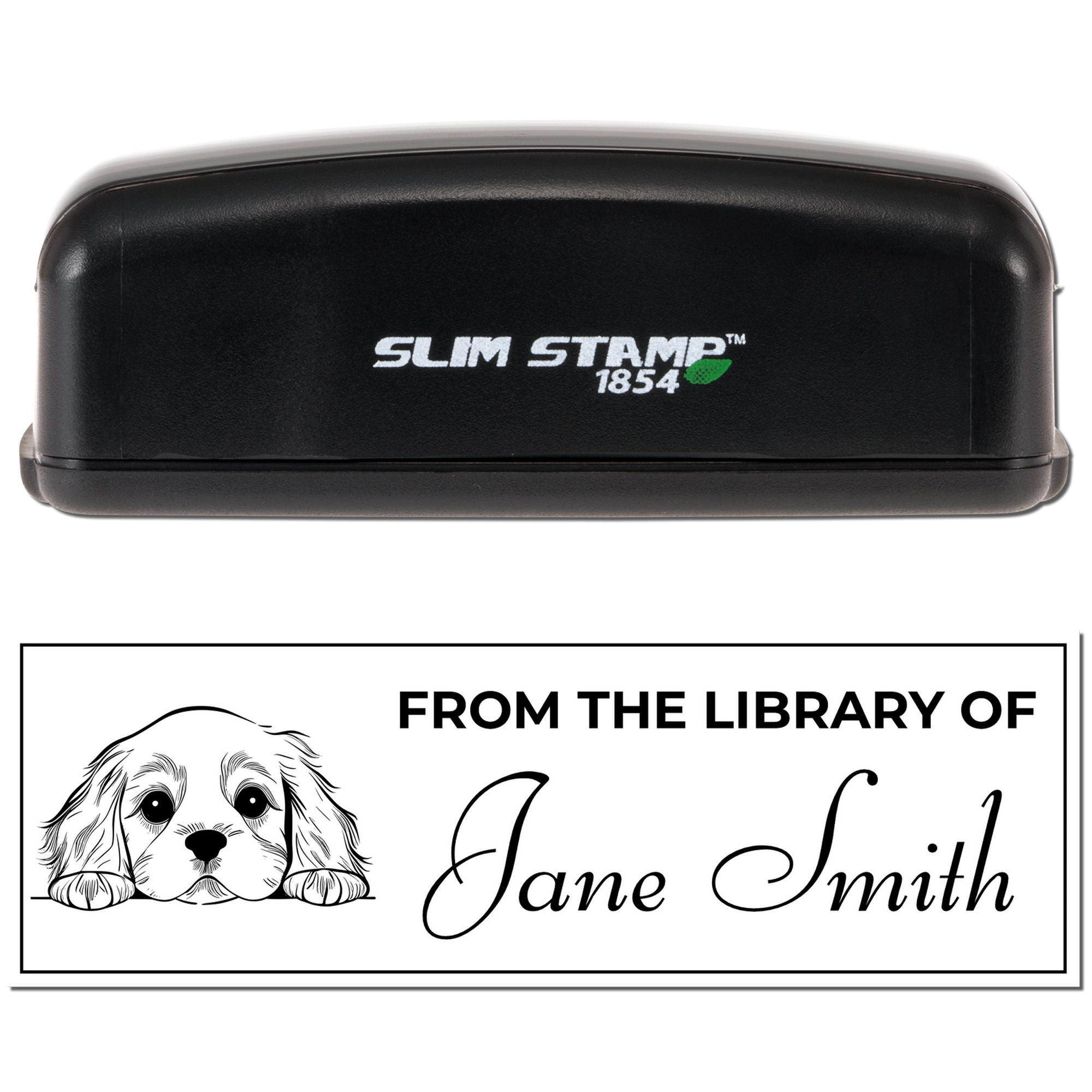 Custom library book rubber stamp with dog design, reading From the Library of Jane Smith in Slim Stamp 1854 case.