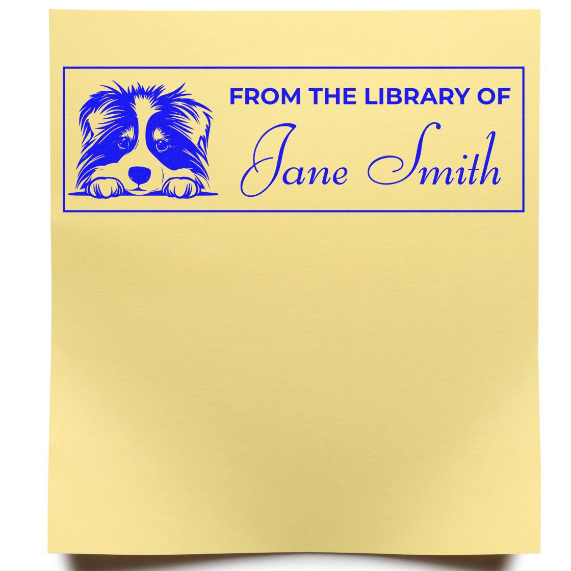 Custom library rubber stamp with dog illustration and name, From the Library of Jane Smith, for book ownership marking.
