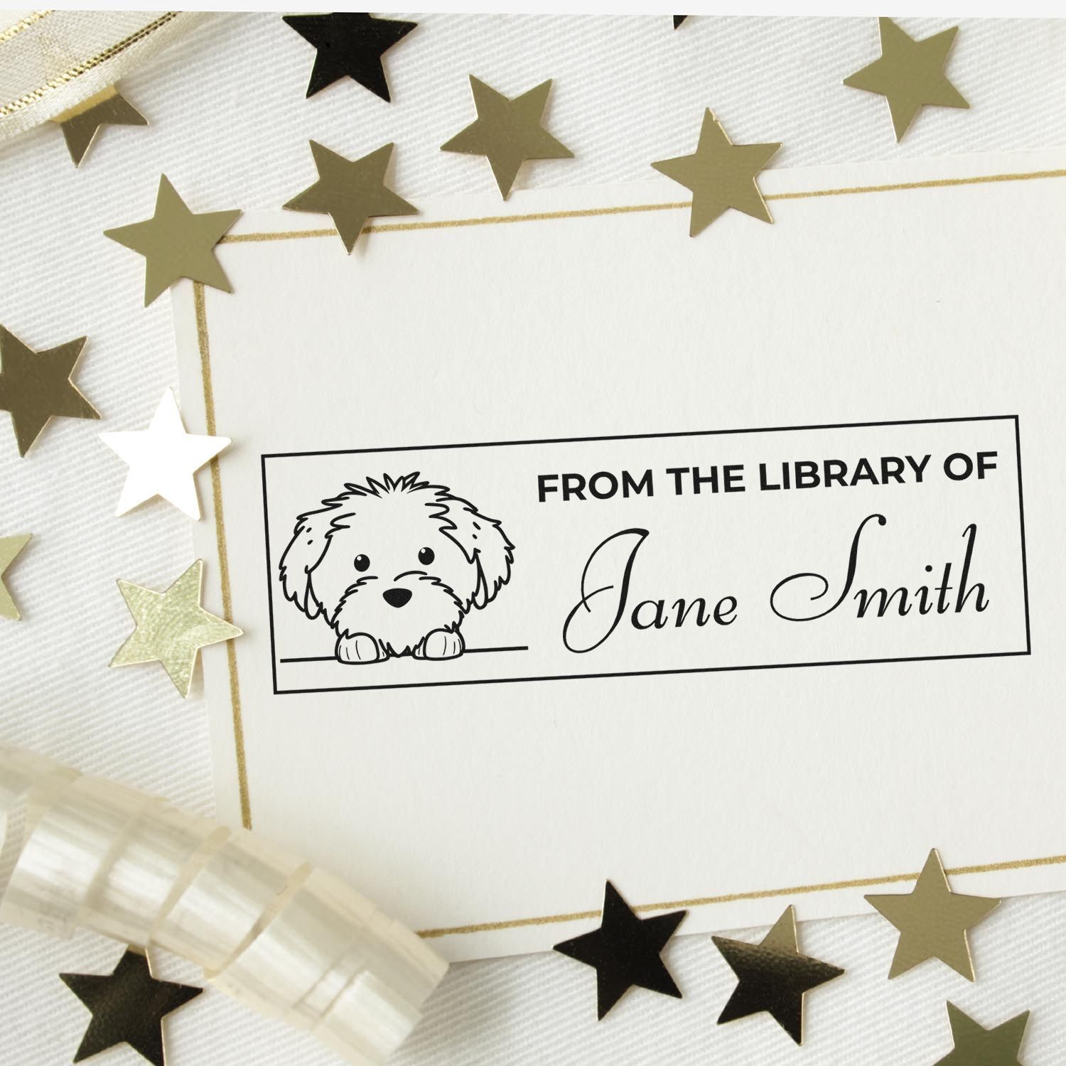 Custom rubber stamp for books: From the Library of Jane Smith personalized bookplate with dog illustration.