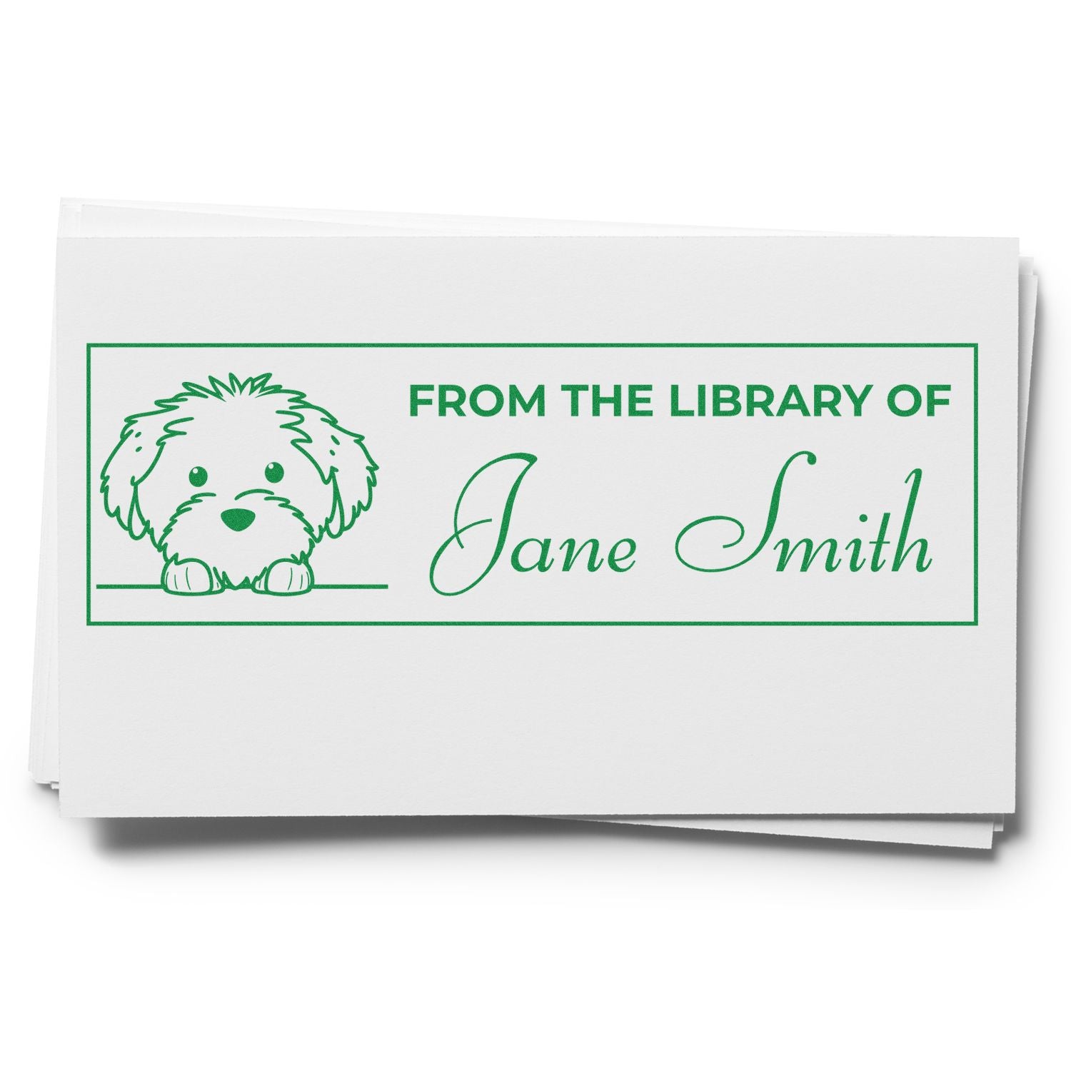 Custom From the Library of Jane Smith rubber stamp with a cute dog bookplate design for personal library books.