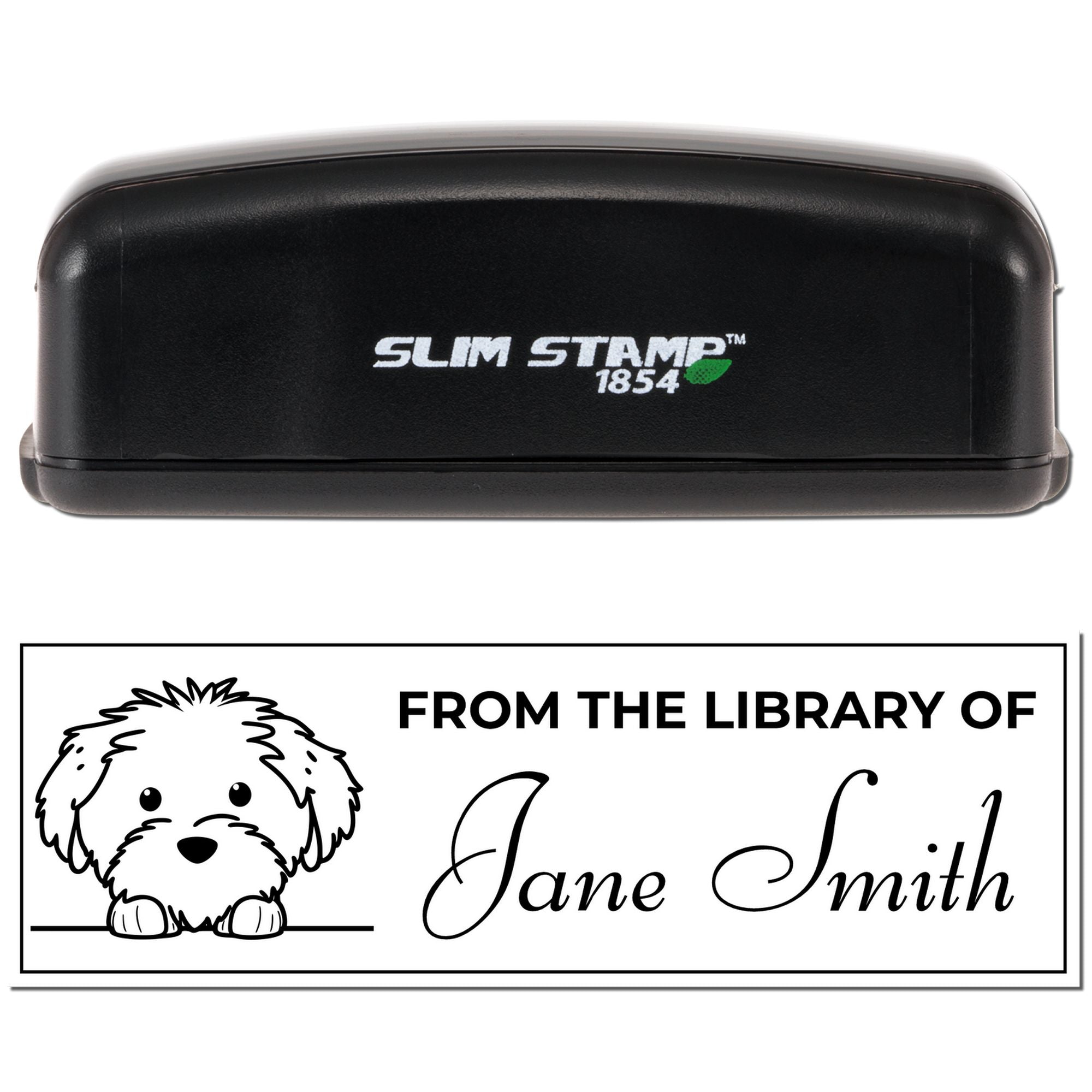 Personalized library rubber stamp with dog design and From the Library of Jane Smith imprint in Slim Stamp 1854 case.