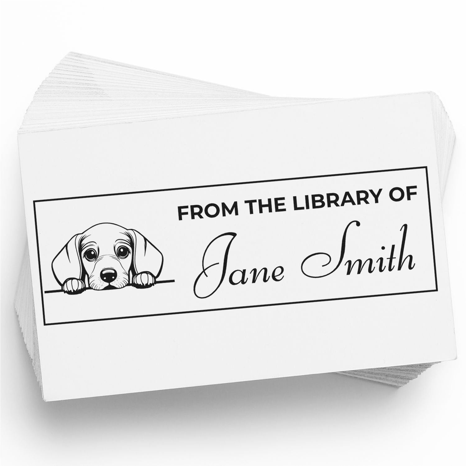 Custom from the library of rubber stamp with puppy illustration and personalized name Jane Smith for books and book returns.