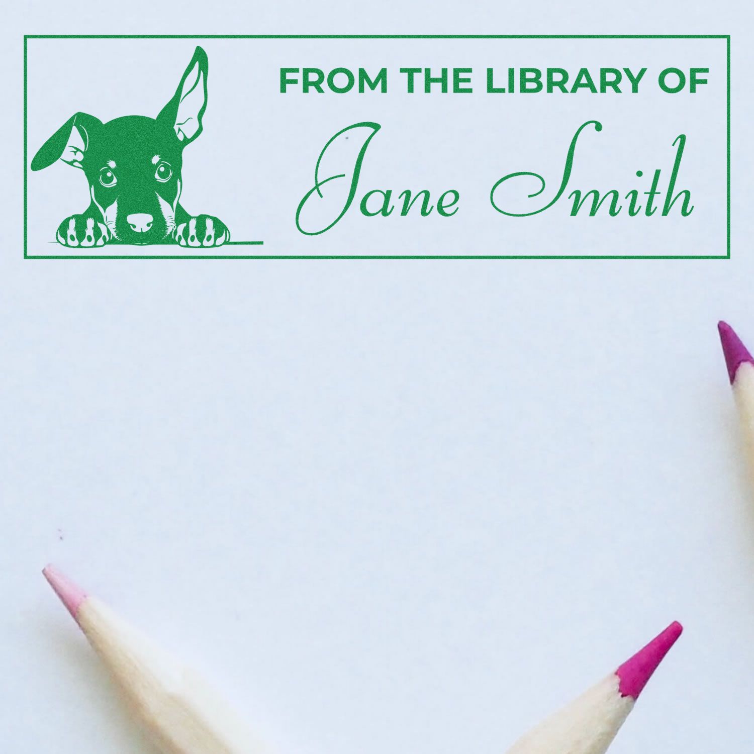 Personalized library rubber stamp with dog illustration and From the Library of Jane Smith for books, bookplates, and returns.