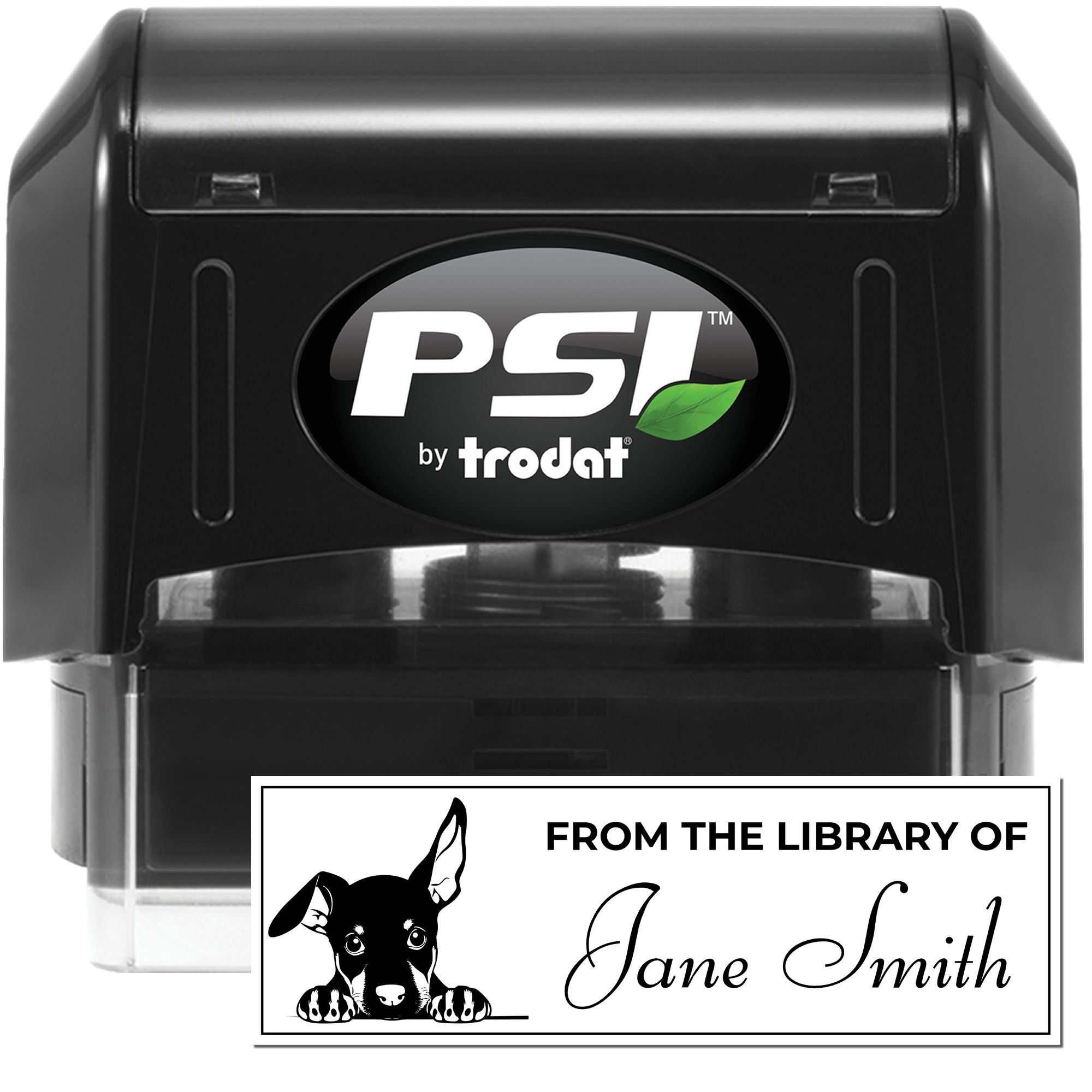 Self-inking PSI by Trodat rubber stamp with custom library name stamp design and dog illustration for personalized marking.