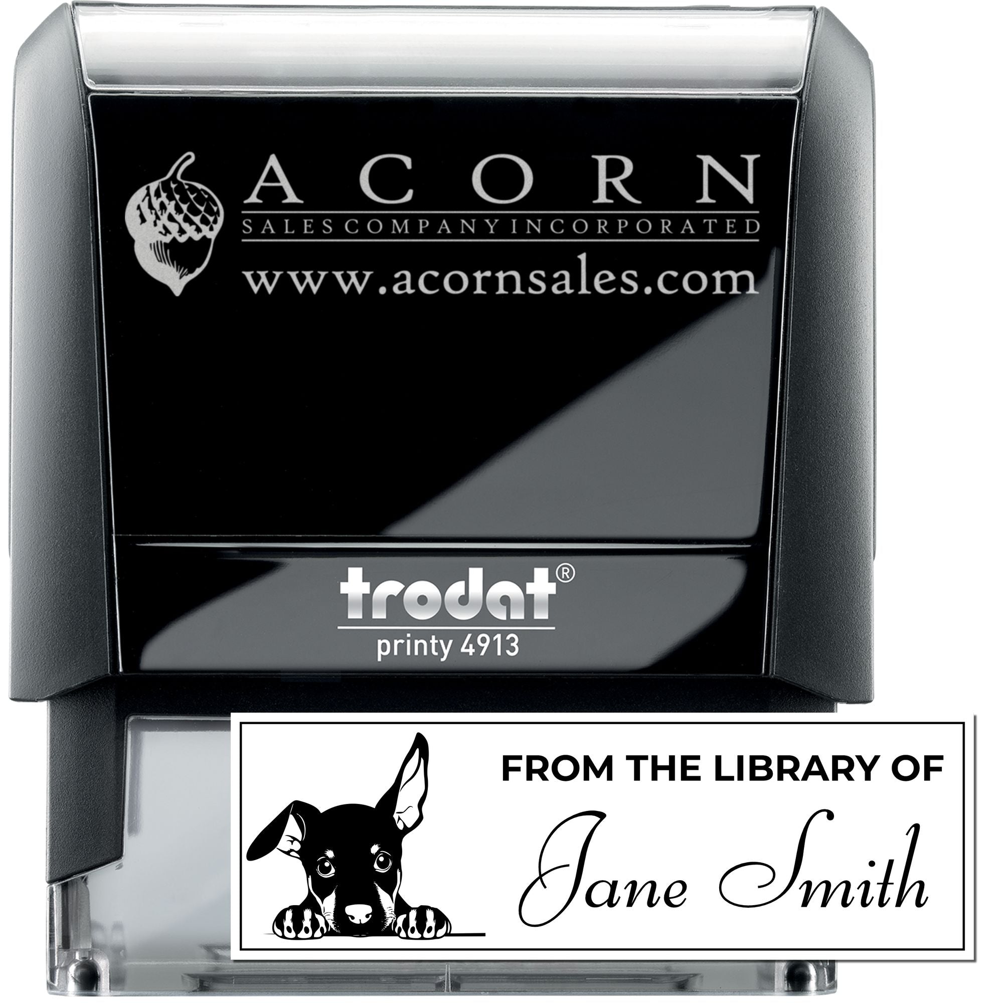 Custom self-inking rubber stamp with company logo, website, and personalized return address design for business or library use.