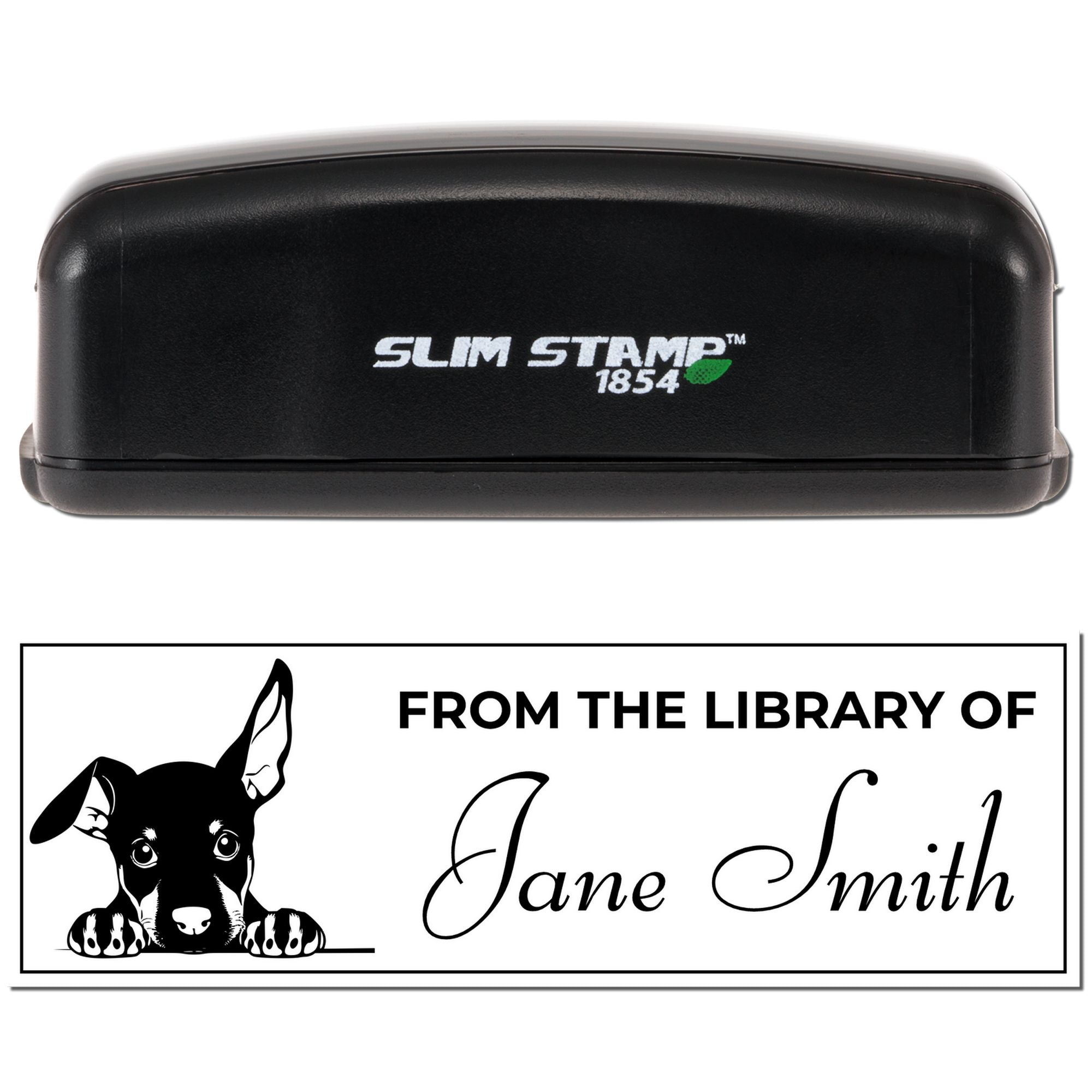 Custom self-inking rubber stamp with dog bookplate design, From the Library of Jane Smith for personal library marking.