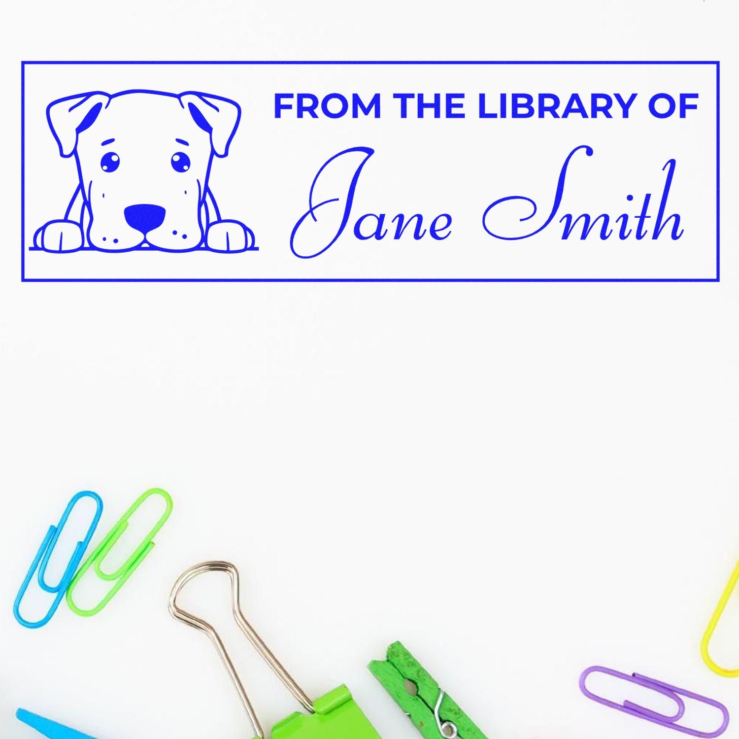 Custom dog library rubber stamp reading From the Library of Jane Smith for personal book labels and collections.