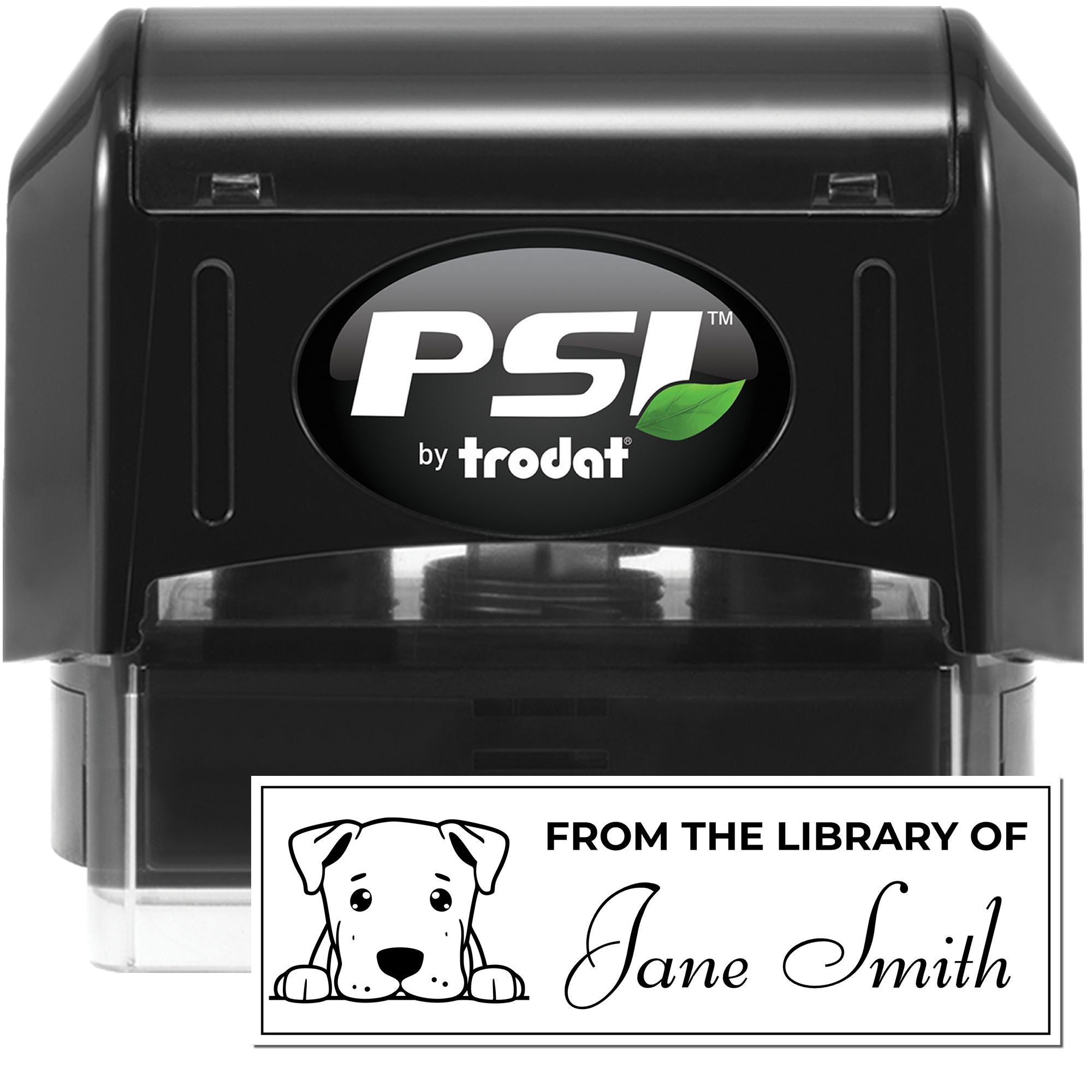 PSI by Trodat self-inking rubber stamp with personalized library bookplate for books, featuring a dog design and Jane Smith.