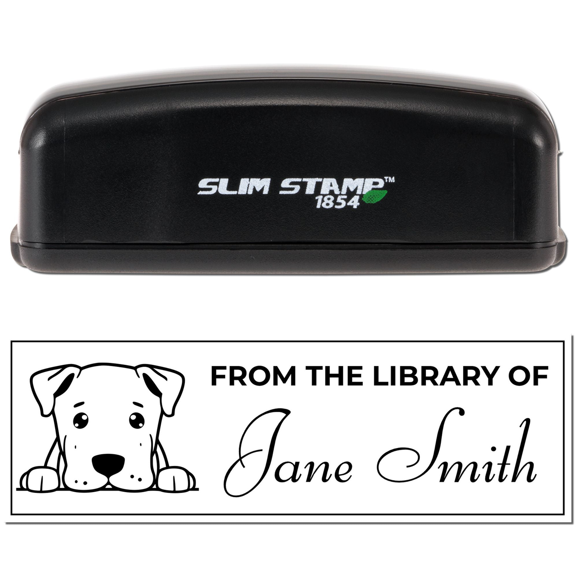 Slim Stamp 1854 self-inking rubber stamp with custom From the Library of Jane Smith dog bookplate design.