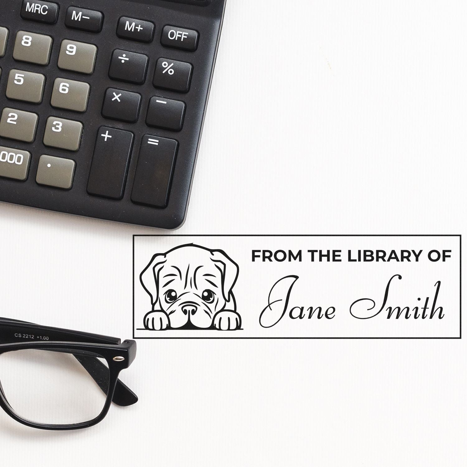 Custom rubber stamp with dog illustration and personalized From the Library of Jane Smith bookplate for book lovers.
