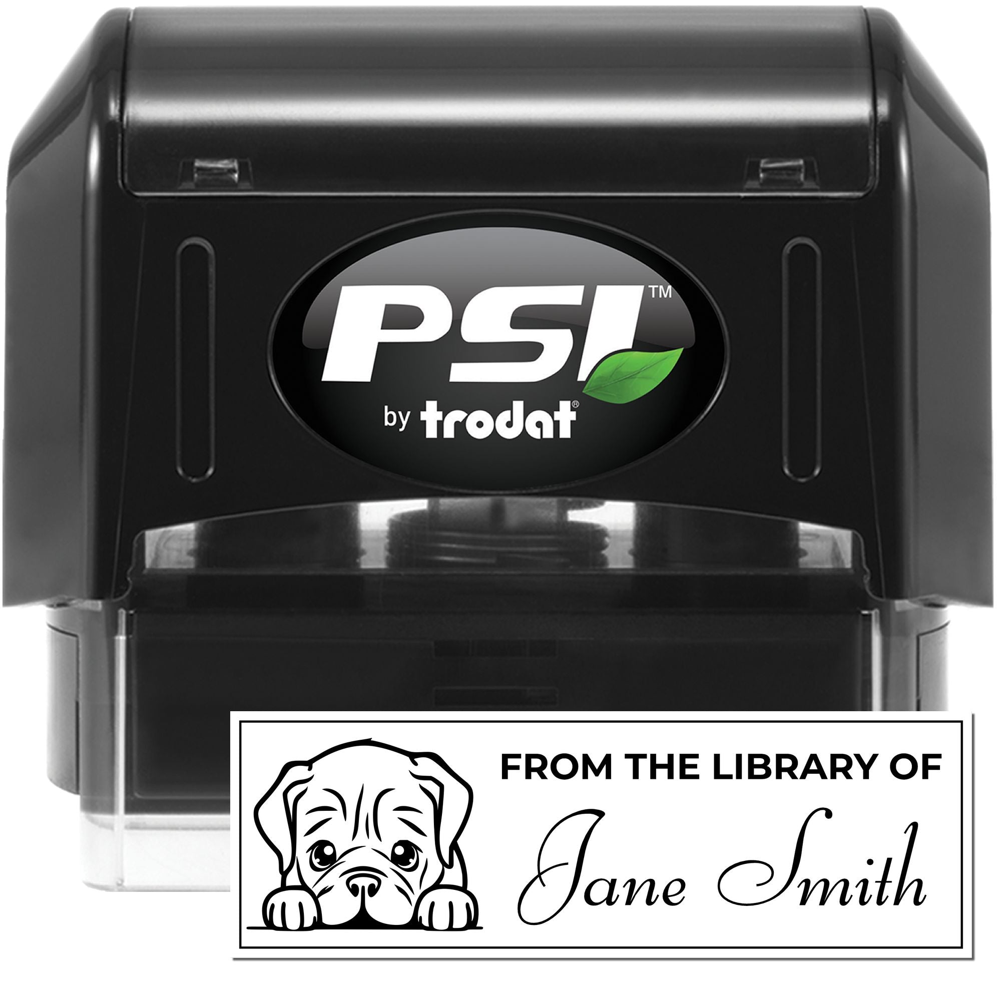 PSI by Trodat self-inking custom library rubber stamp with dog design and Jane Smith imprint preview