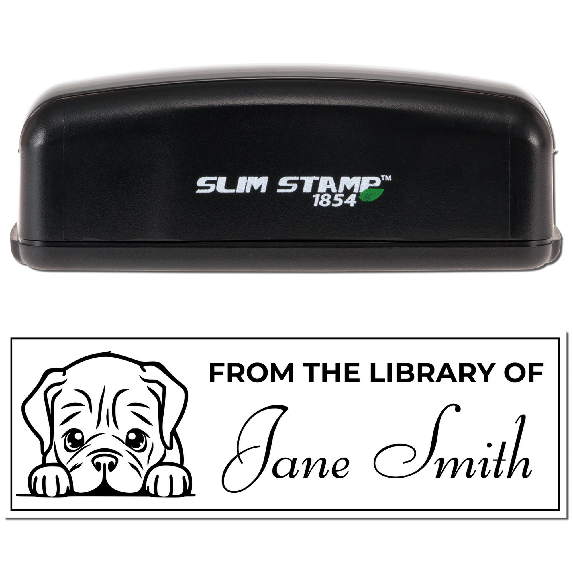 Custom self-inking Slim Stamp 1854 rubber stamp with personalized From the Library of Jane Smith dog bookplate design