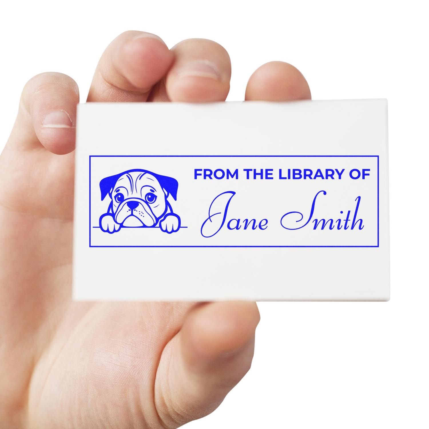 Personalized rubber stamp with pug design and From the Library of Jane Smith for custom library book marking.