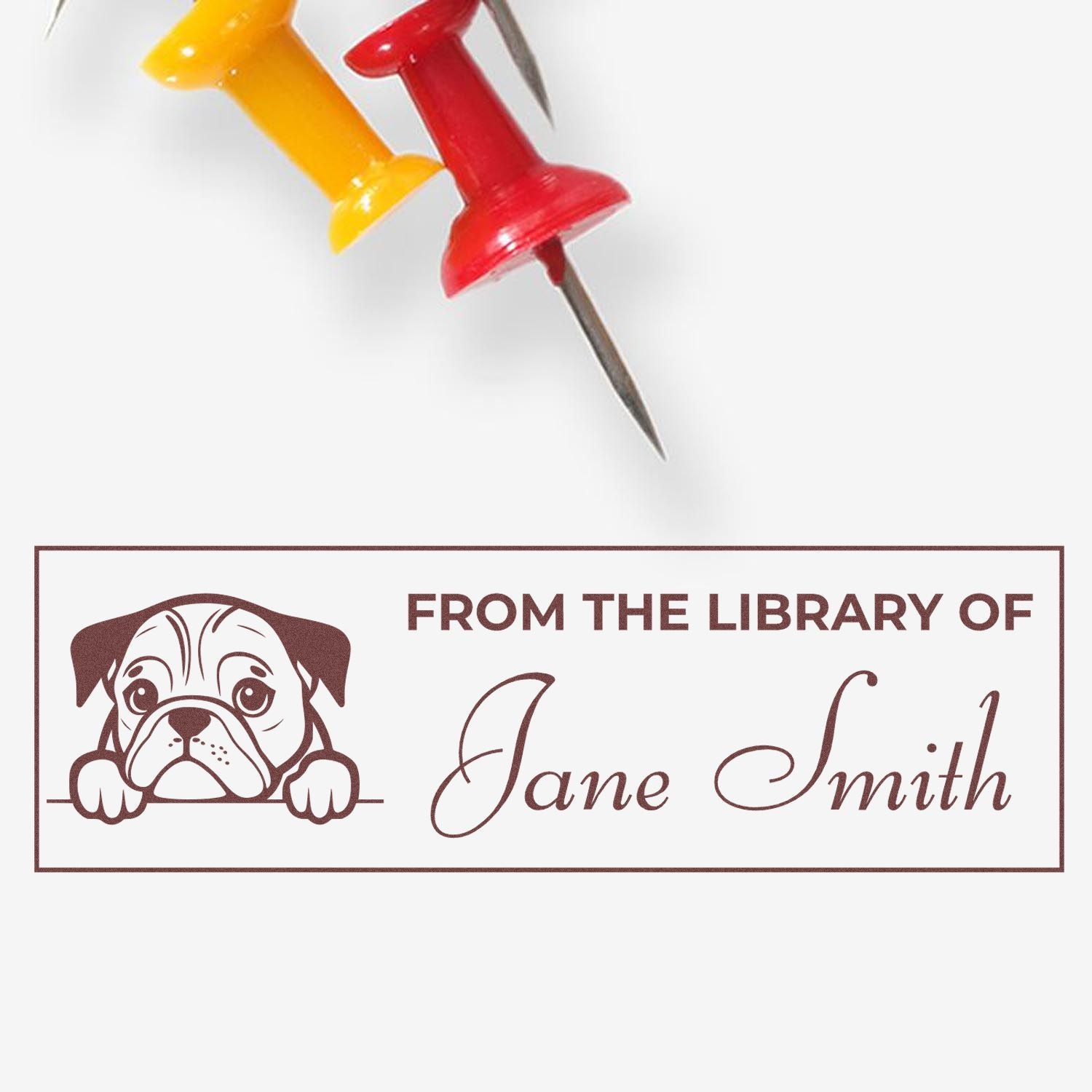 Custom rubber book stamp with dog design and From the Library of Jane Smith for personalized bookplate marking.