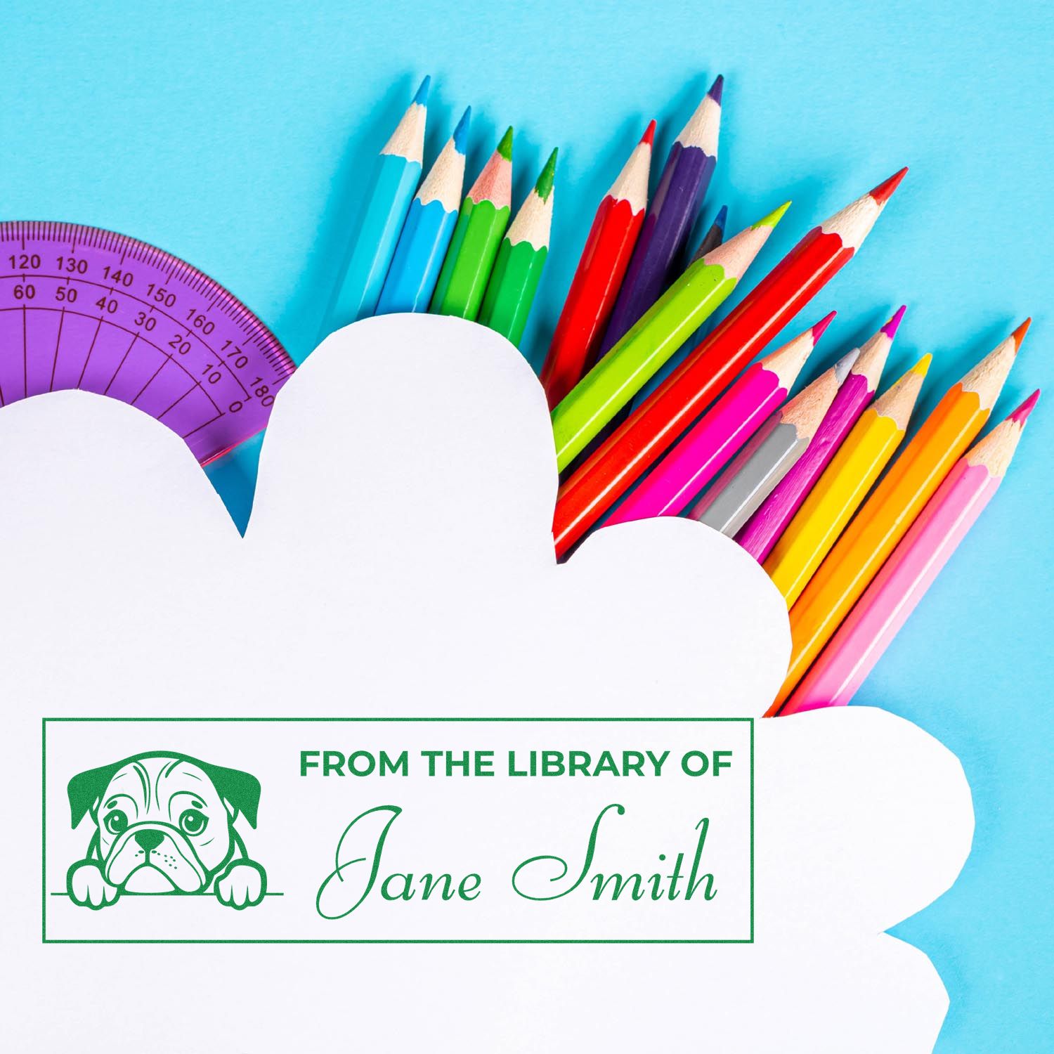 Custom library rubber stamp with dog icon and personalized name for marking books, school supplies, and classroom materials.