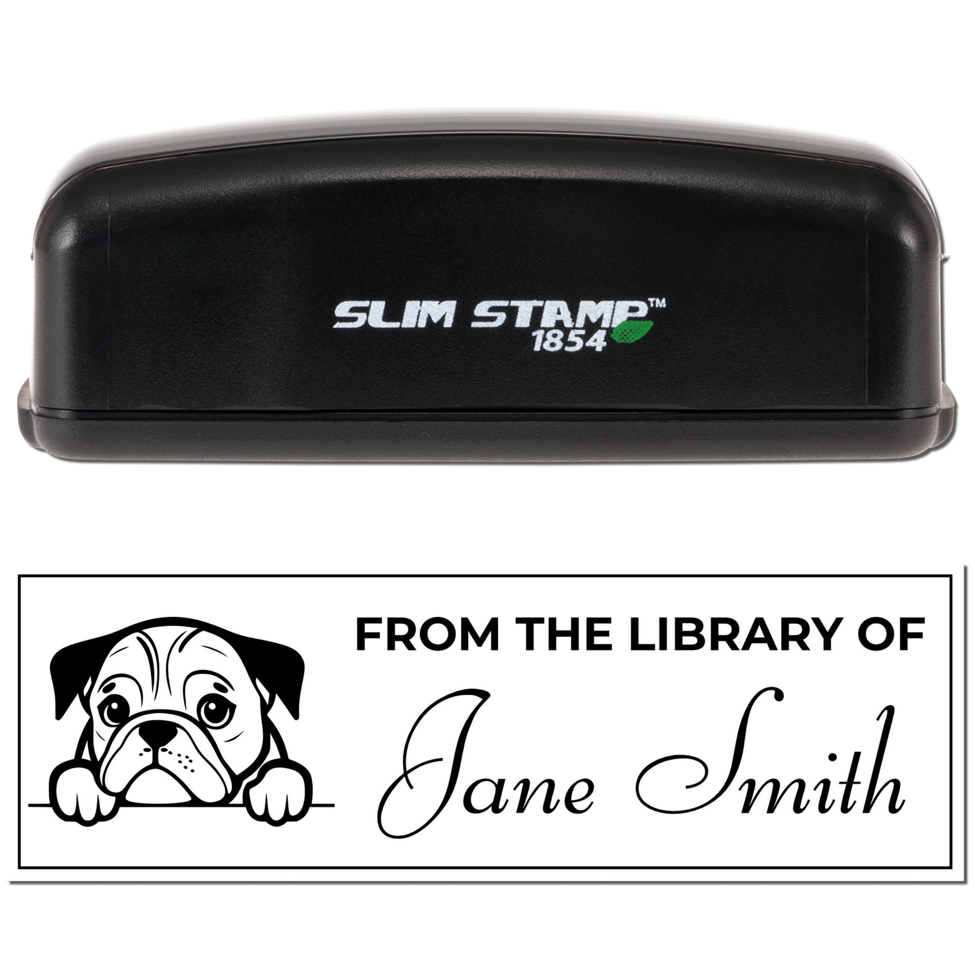 Custom library rubber stamp with bulldog design and From the Library of Jane Smith personalized book imprint.