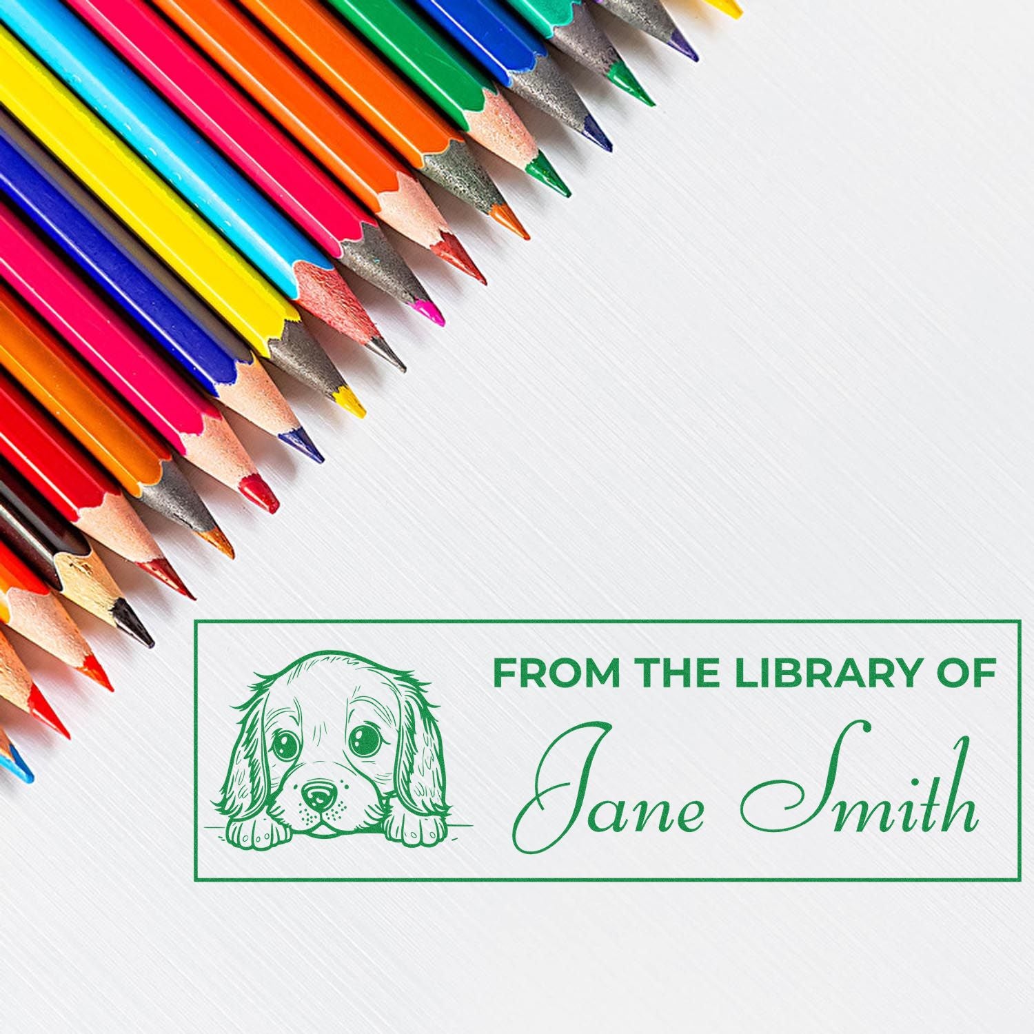 Custom personalized library book stamp with dog illustration and From the Library of Jane Smith text