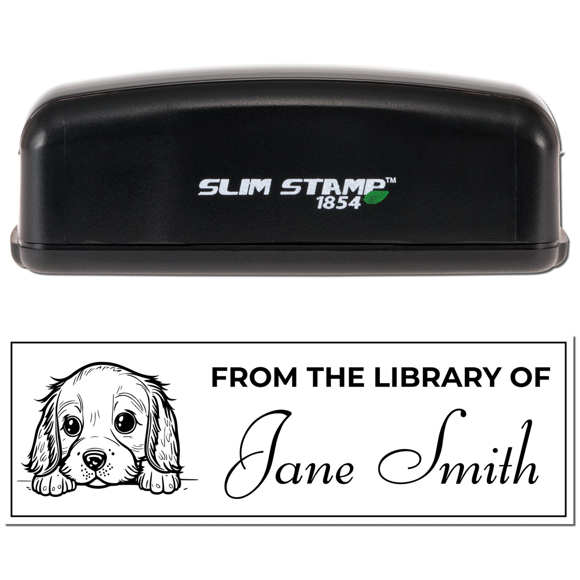 Slim Stamp 1854 self-inking rubber stamp with dog library design and personalized From the Library of Jane Smith text