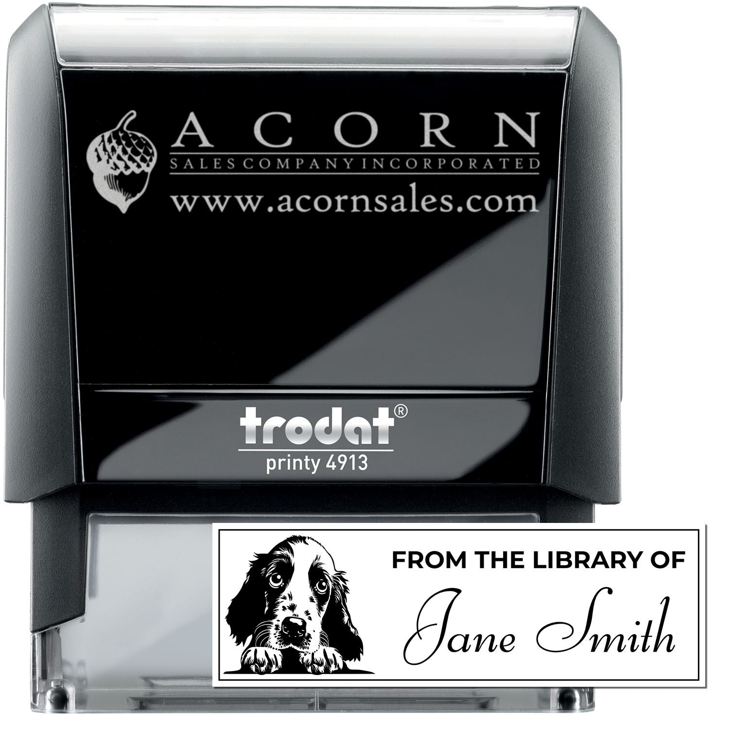 Custom self-inking rubber stamp featuring business logo and personalized library stamp design for Trodat Printy 4913.