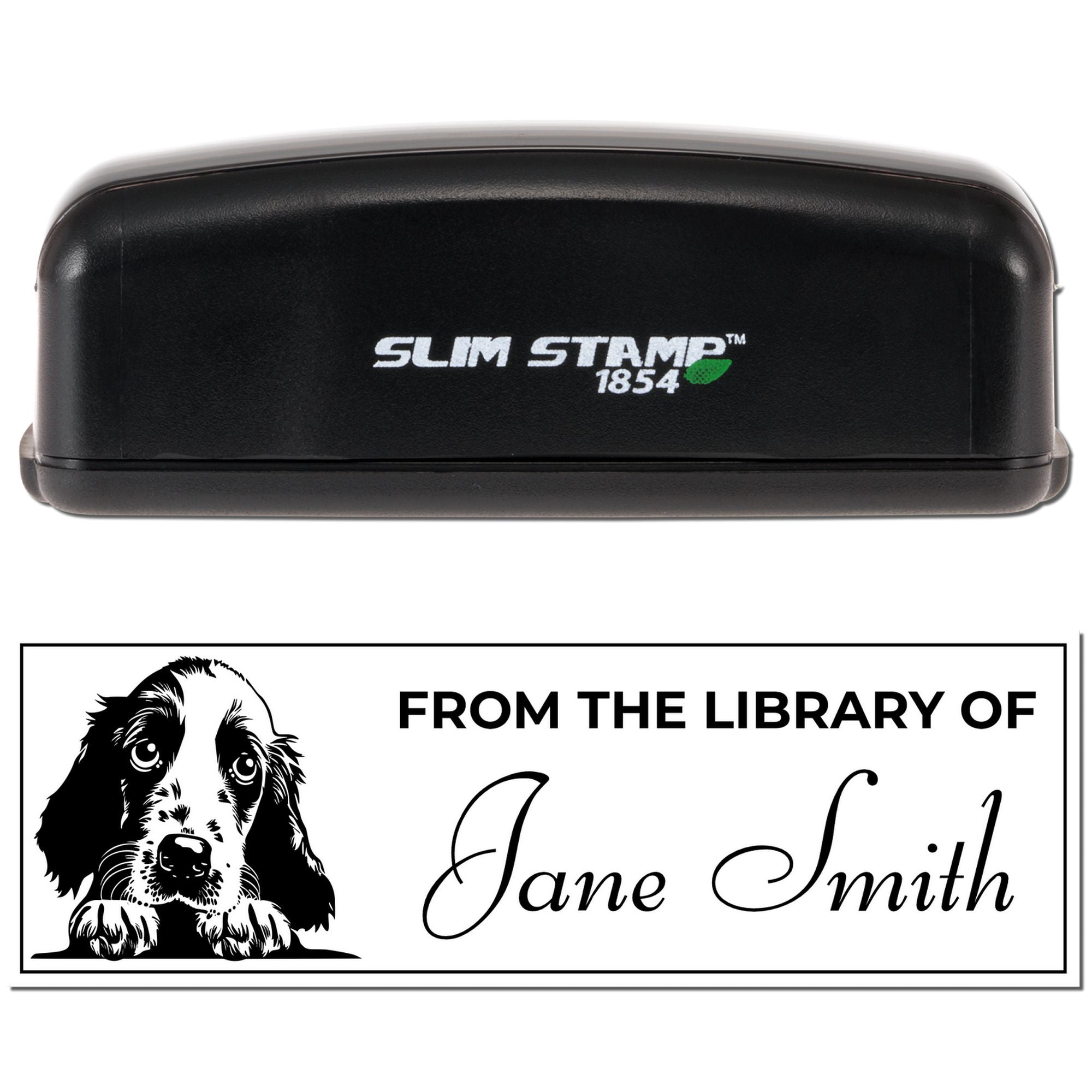 Custom self-inking rubber stamp with dog artwork and From the Library of Jane Smith text for personalized book stamping.