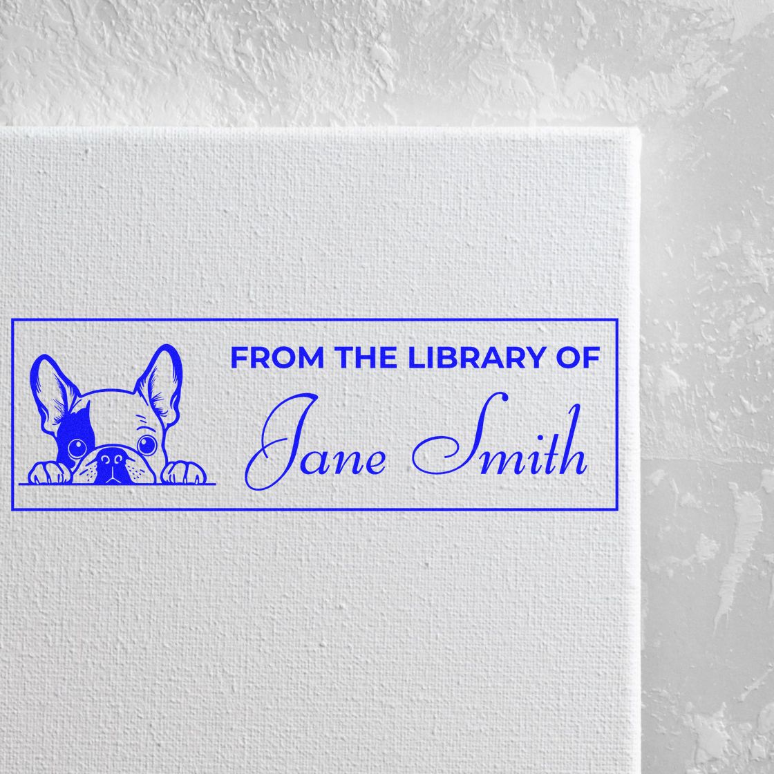 Custom French bulldog library stamp reading From the Library of Jane Smith for personal books and bookplates.