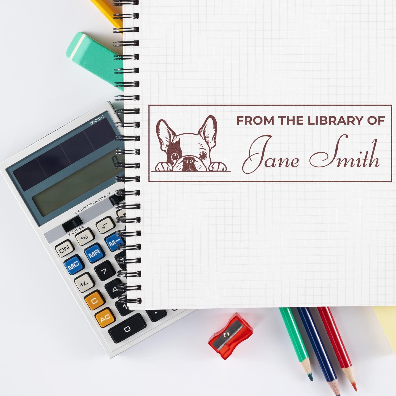 Personalized From the Library of Jane Smith rubber stamp with French bulldog bookplate design for books.