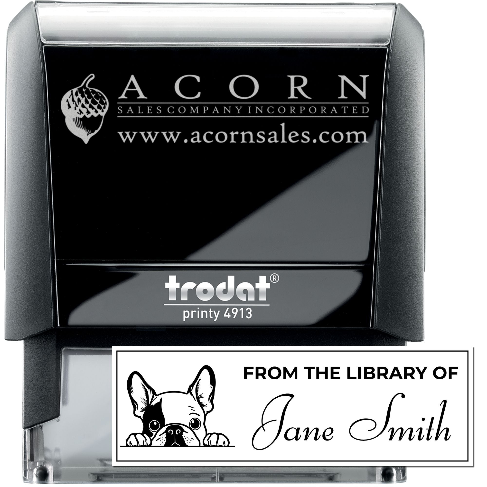 Trodat Printy 4913 self-inking rubber stamp with custom Acorn Sales Company logo and website imprint