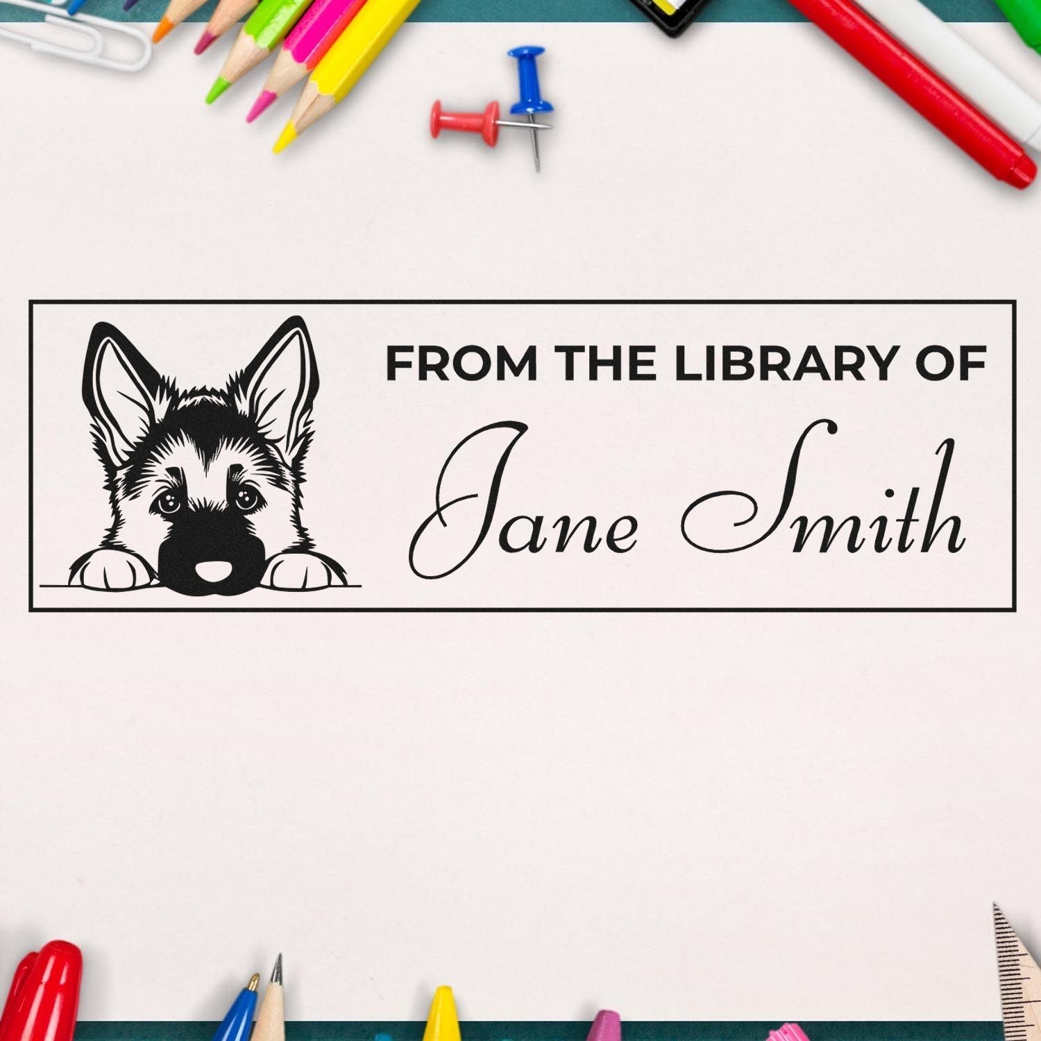 Personalized library rubber stamp with dog design and name for custom bookplates, book labeling, and home library use.