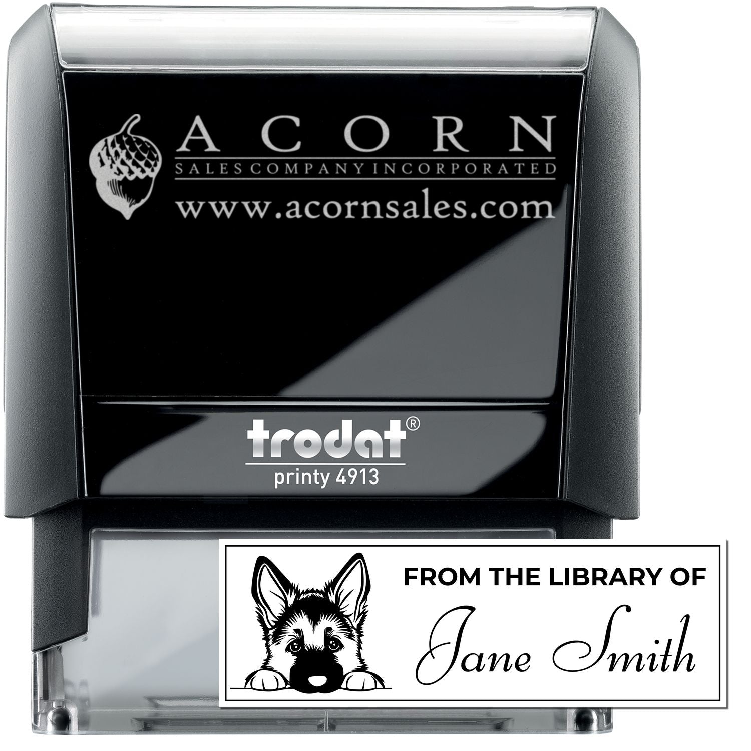 Custom self-inking rubber stamp Trodat Printy 4913 with Acorn Sales logo and personalized library stamp design for Jane Smith.