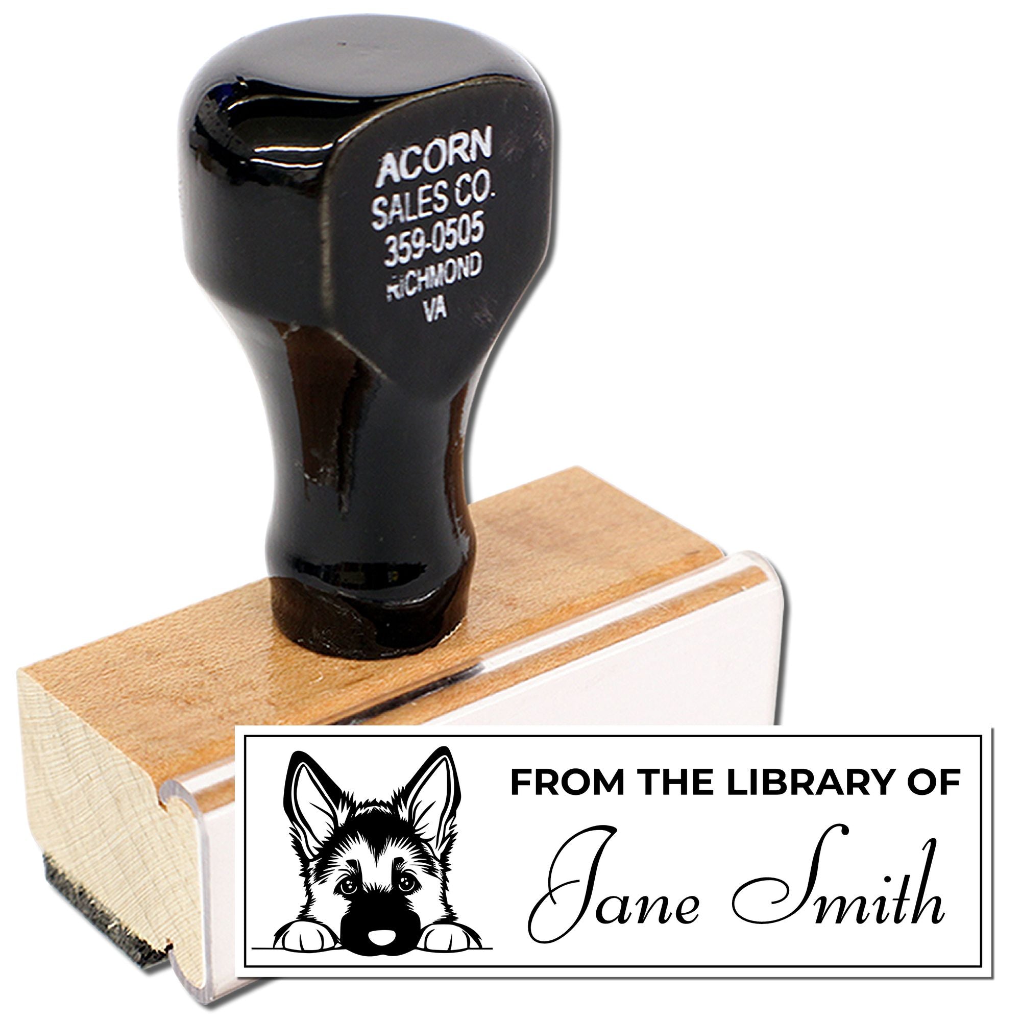 Custom wooden library rubber stamp with dog illustration and From the Library of Jane Smith text for books and personal collections.