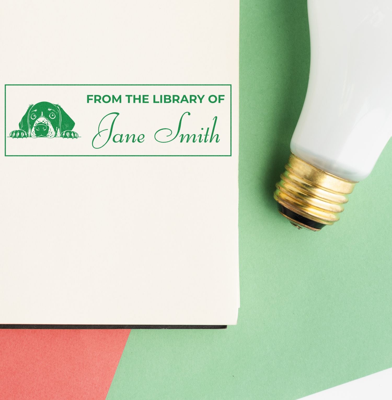 Personalized library book stamp with dog illustration, featuring From the Library of Jane Smith for custom book labeling.