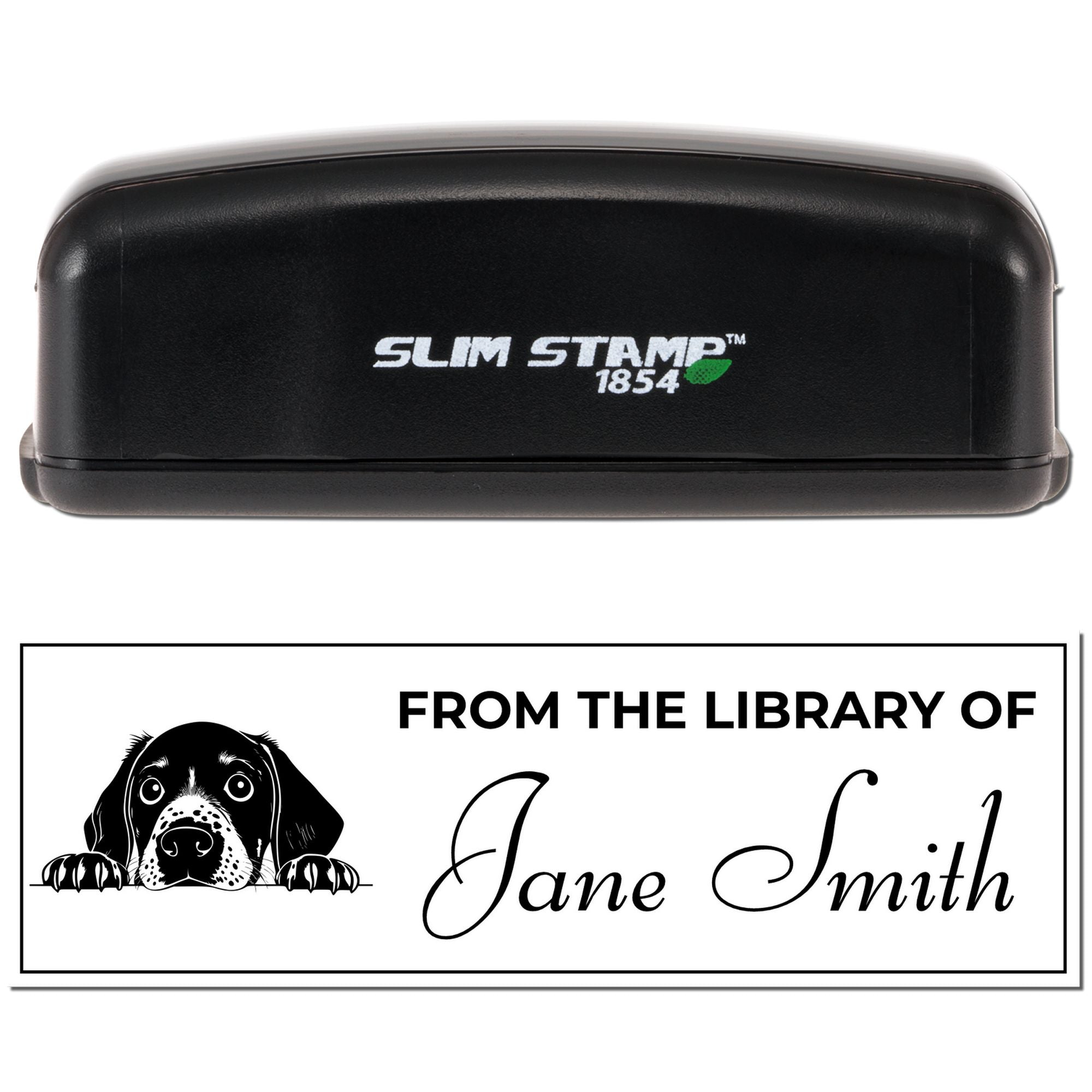 Custom self-inking library rubber stamp with dog design and personalized From the Library of Jane Smith imprint.