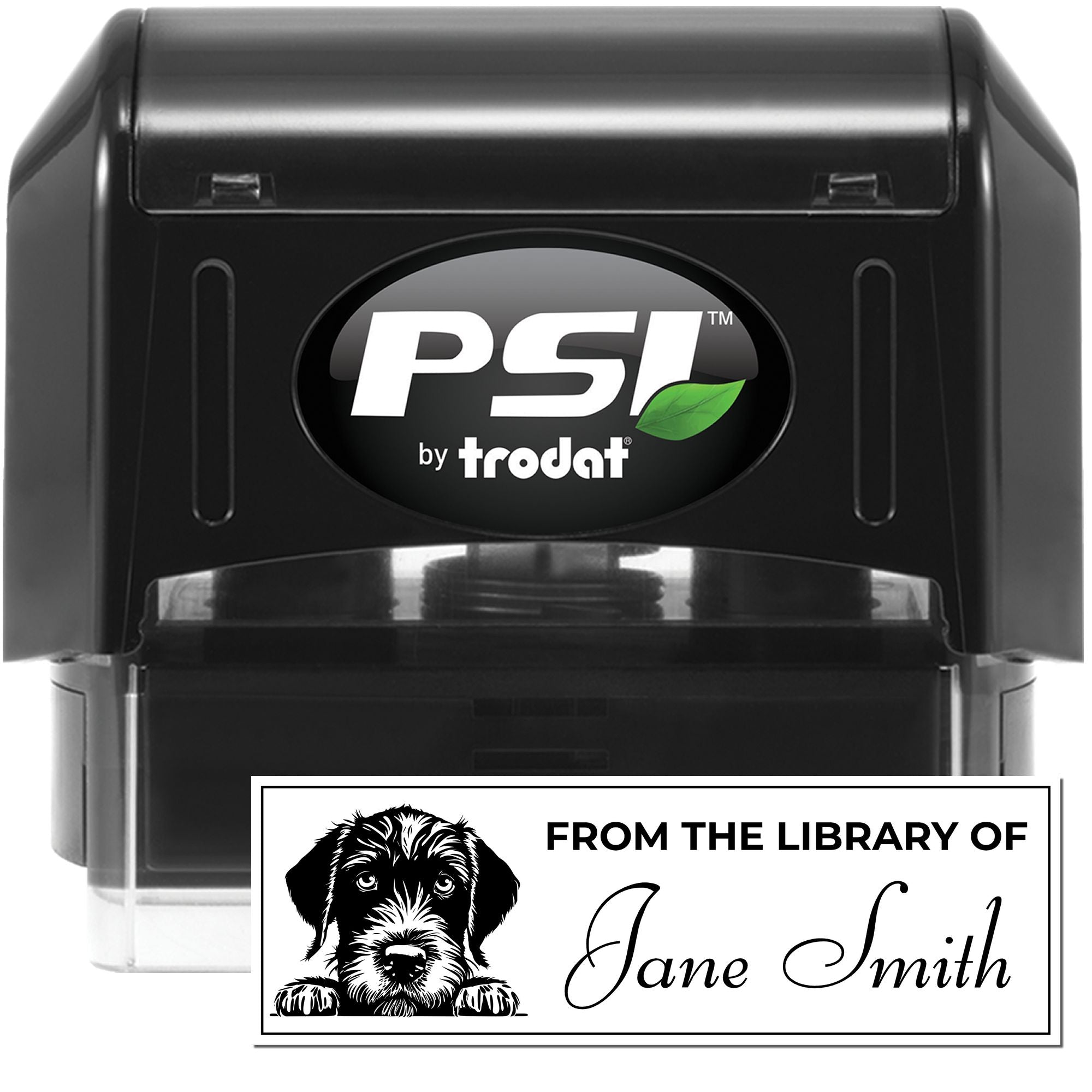 Self-inking PSI by Trodat custom library rubber stamp with dog logo and From the Library of Jane Smith imprint