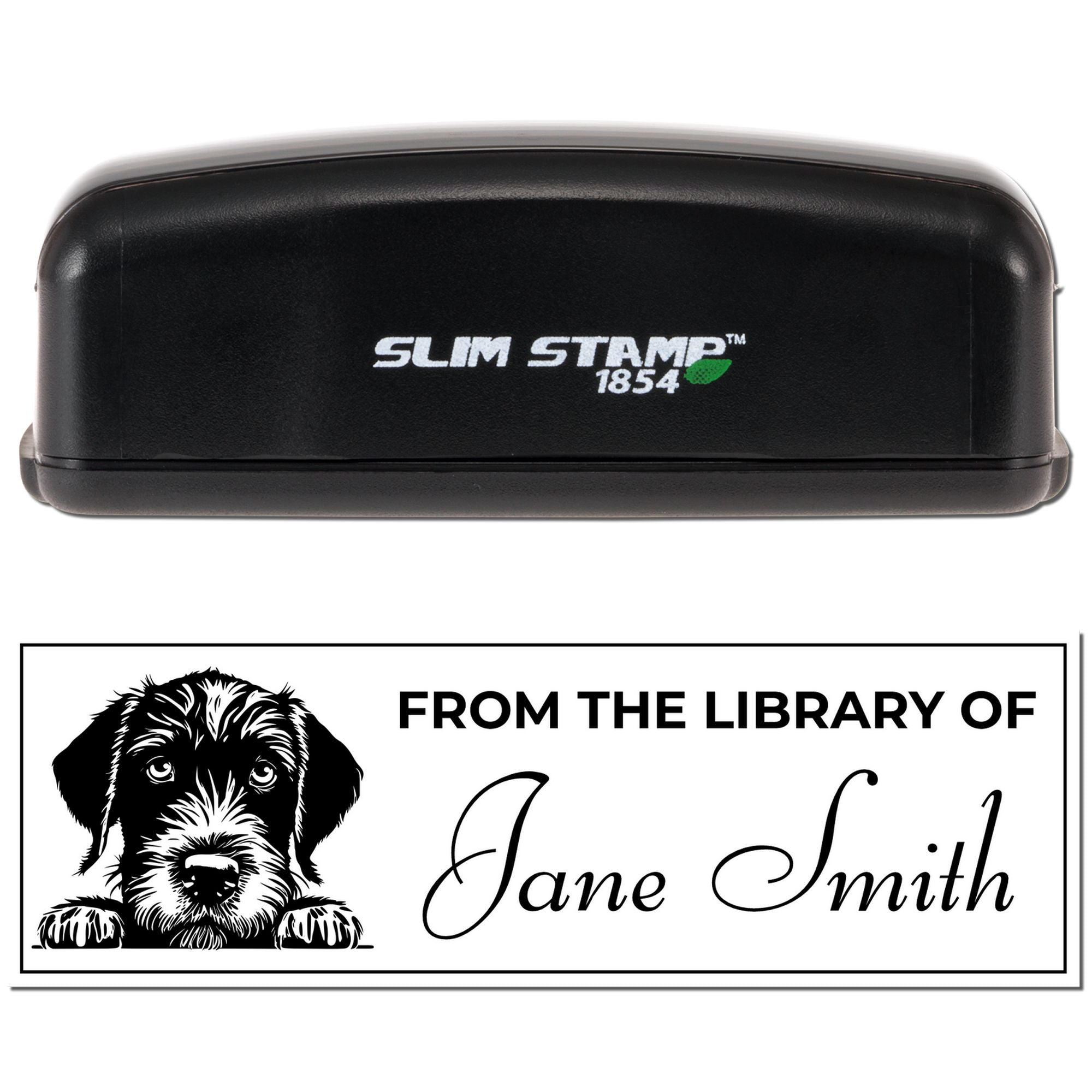 Personalized self-inking rubber library stamp with dog design and From the Library of Jane Smith custom book imprint.